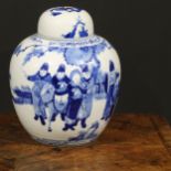 A large Chinese ovoid ginger jar and cover, painted in tones of underglaze blue with figures, 31cm