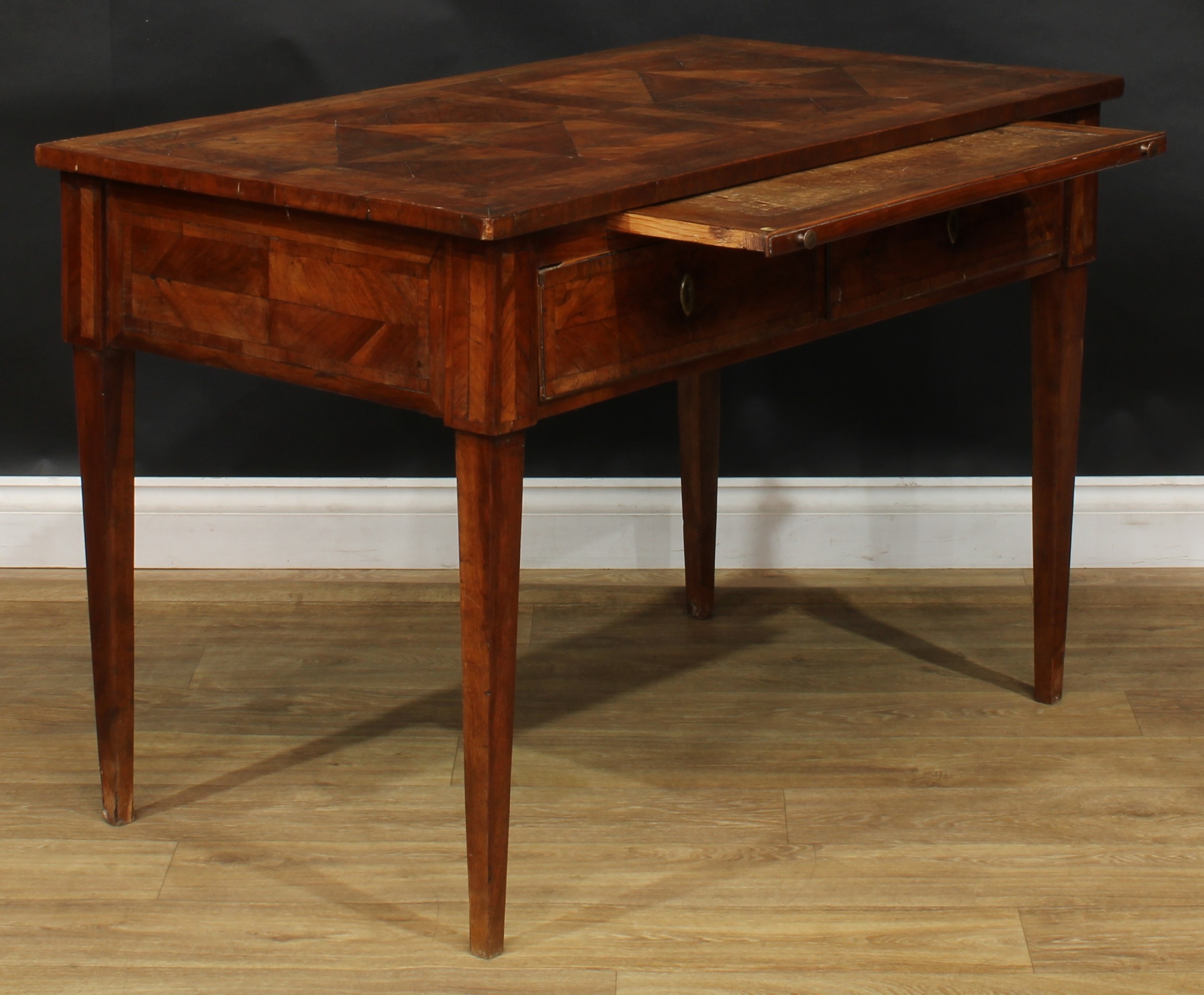 An 18th century French Provincial side table, rectangular top with geometric parquetry veneers, - Image 4 of 7