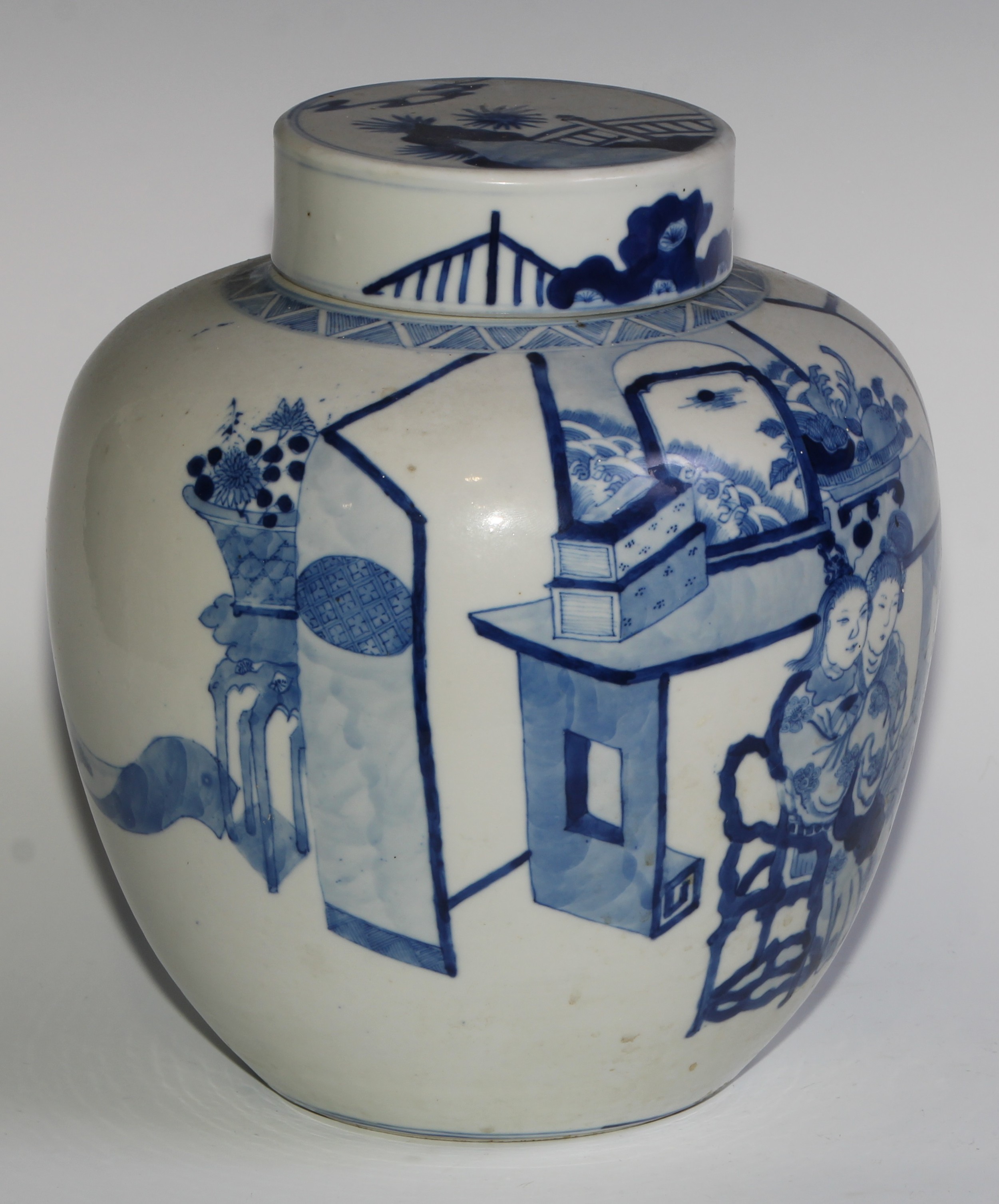 A Chinese ovoid ginger jar and cover, painted in tones of underglaze blue with ladies of the - Image 3 of 7