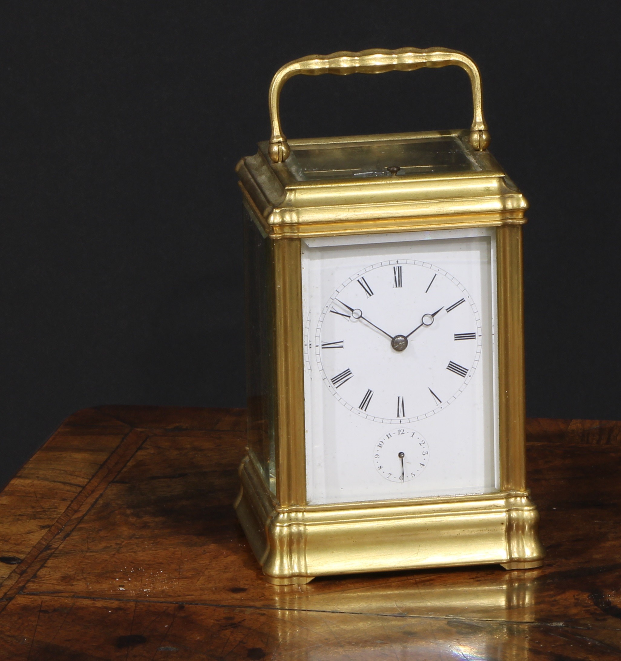 A 19th century Anglo-Indian gilt brass repeater carriage clock, 7cm rectangular enamel dial with