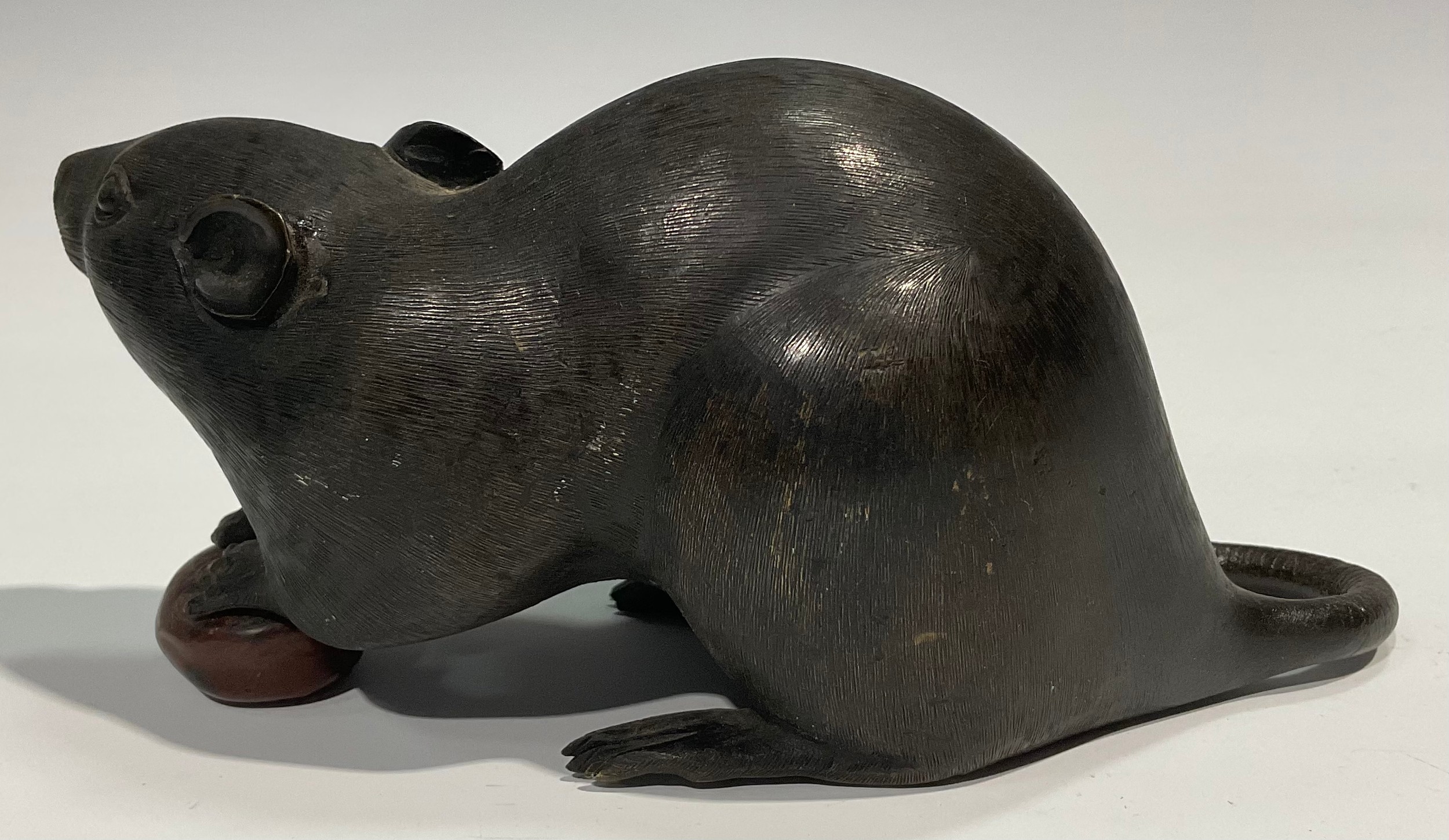 Japanese School (Meiji period), a dark and brown patinated bronze, of a rat holding a chestnut, 19cm - Image 3 of 6