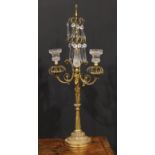 A 19th century French gilt bronze and hobnail-cut glass two-branch lustre candelabra, cast with a