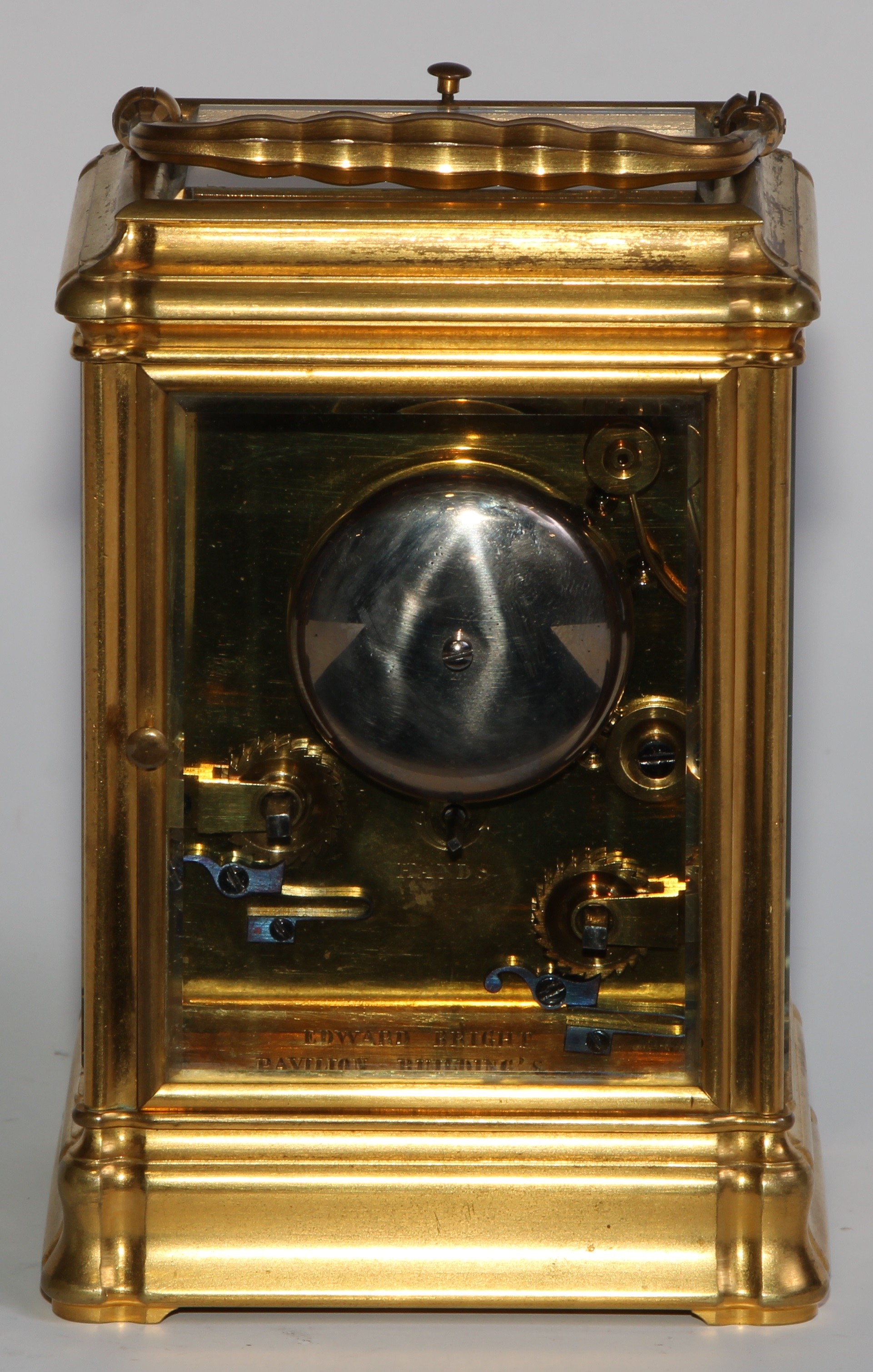 A 19th century gilt brass carriage clock, 6cm rectangular enamel dial inscribed Edward Bright, - Image 6 of 8