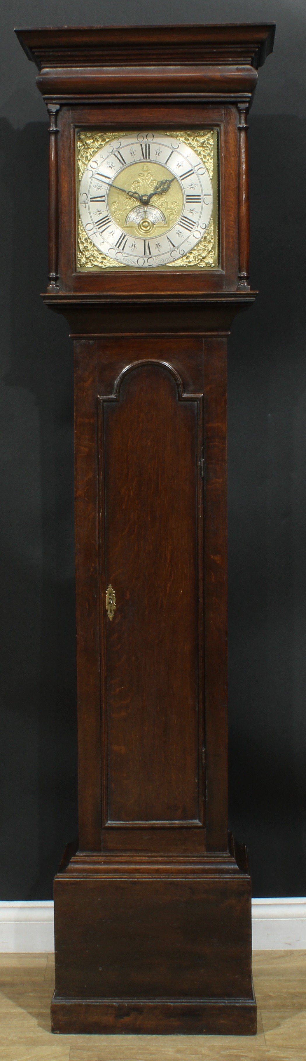 A George I/II oak Derbyshire longcase clock, 27cm square brass dial with silvered chapter ring