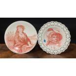 A Minton's China shaped circular plate, the field painted in red sepia with the portrait of a