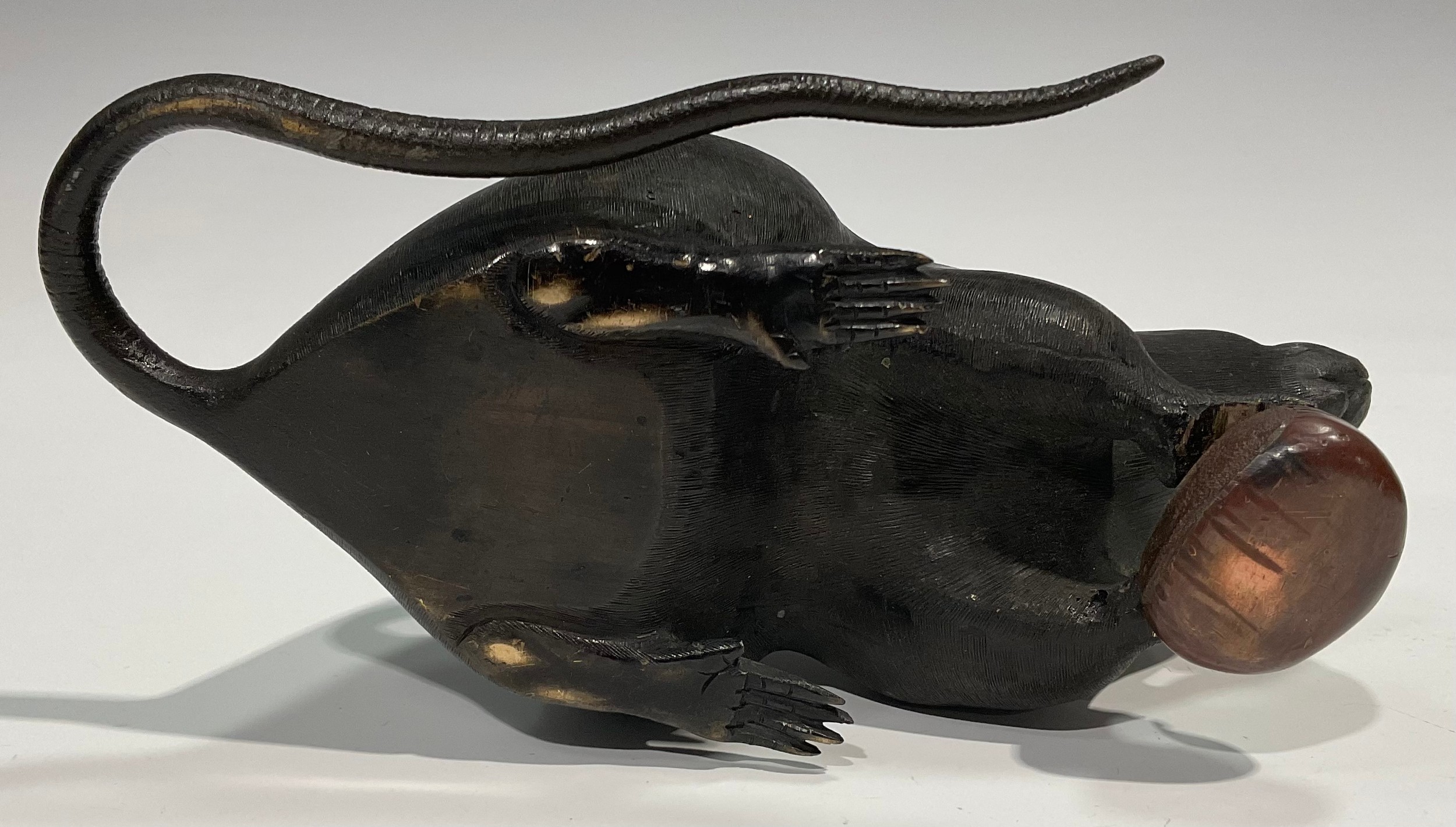 Japanese School (Meiji period), a dark and brown patinated bronze, of a rat holding a chestnut, 19cm - Image 5 of 6
