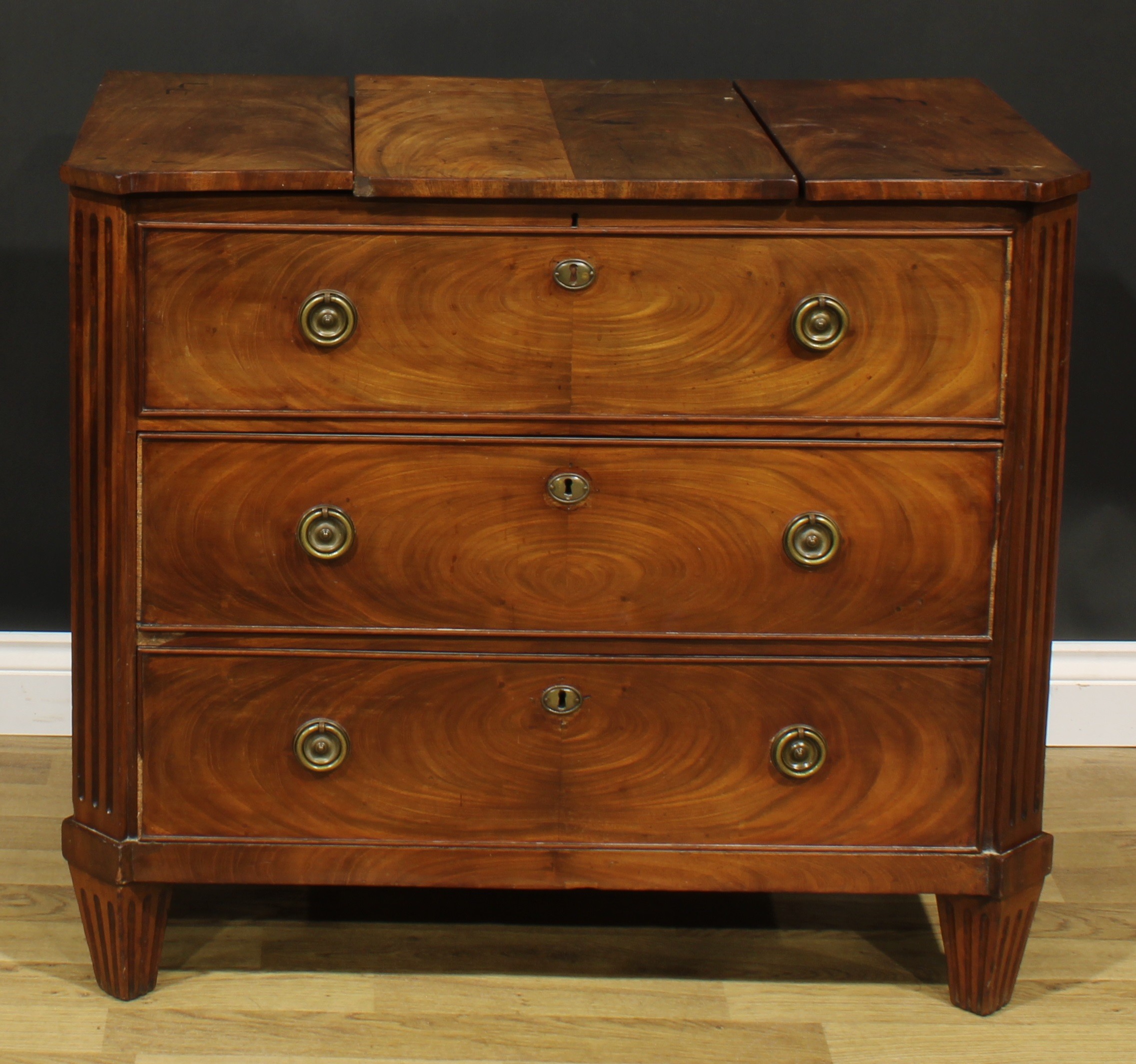 A 19th century Dutch mahogany dressing chest, tripartite hinged top, the centre enclosing a - Image 2 of 6