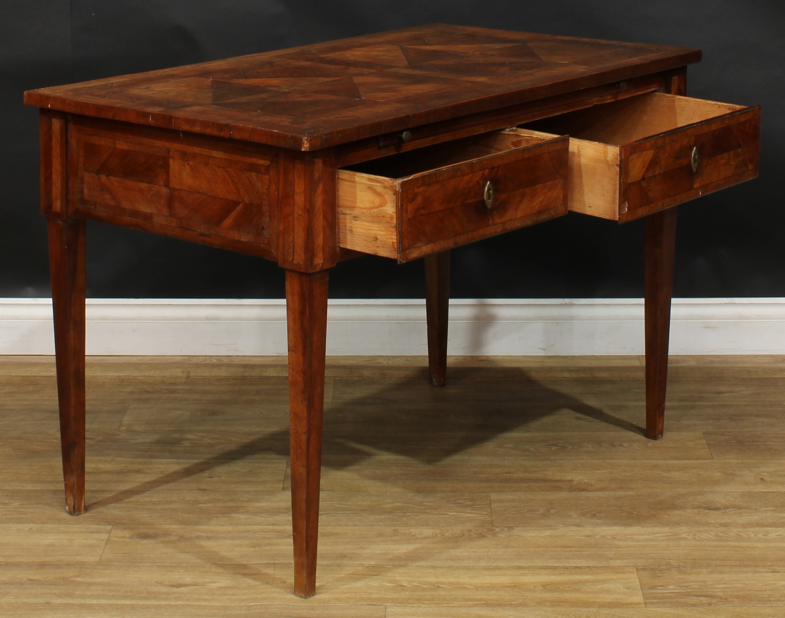 An 18th century French Provincial side table, rectangular top with geometric parquetry veneers, - Image 5 of 7