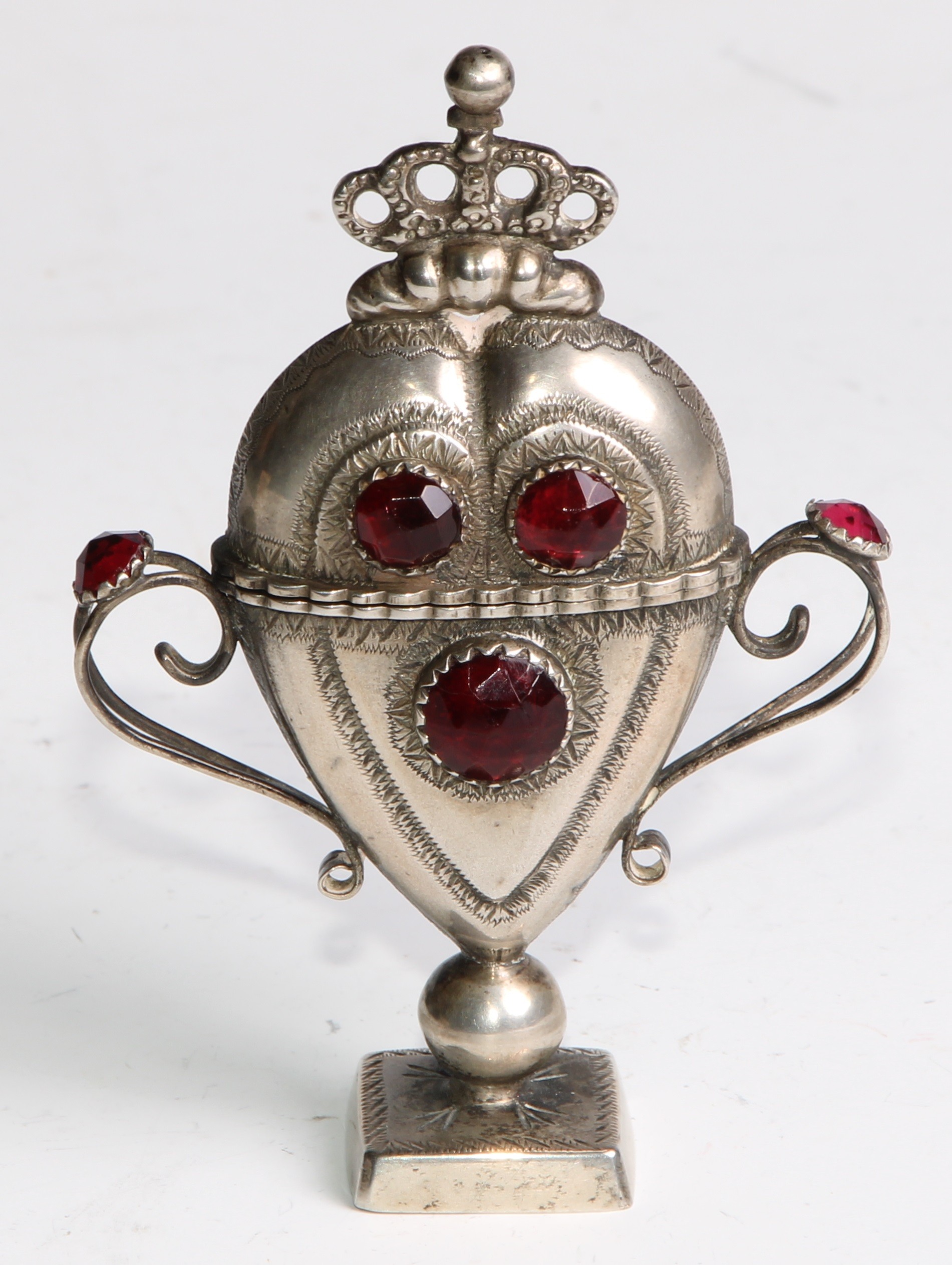 A Danish silver heart shaped hovedvandsaeg marriage box, set with red stones, hinged cover crested - Image 2 of 6