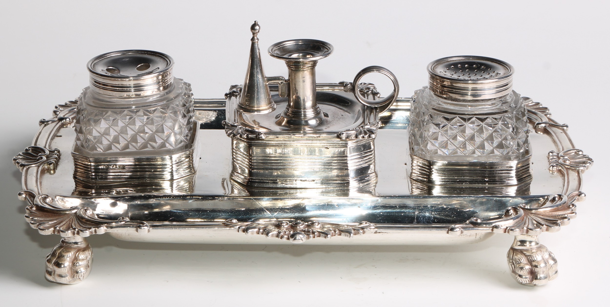 A George III silver shaped rectangular partners' inkstand, central wafer box enclosed by a - Image 2 of 6