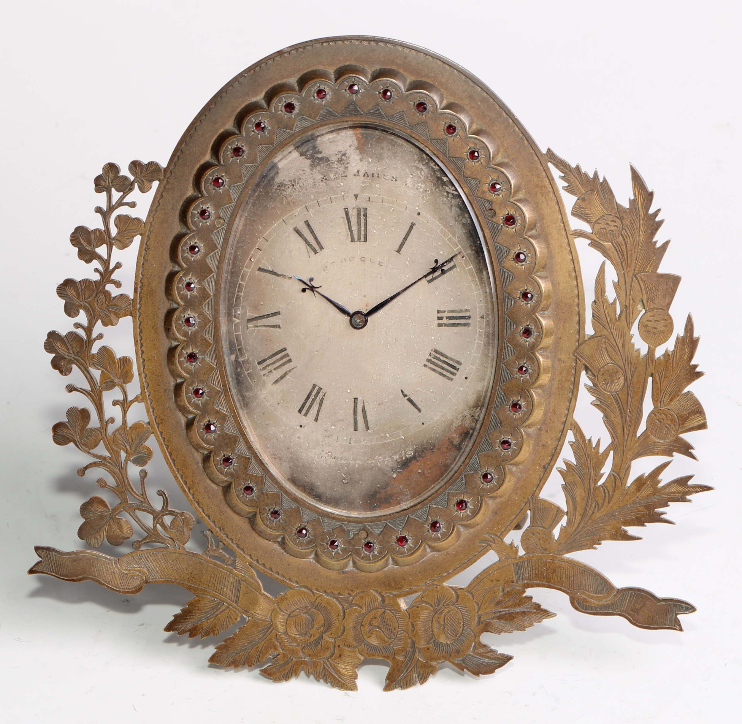 A Victorian gilt brass strut easel timepiece, by Howell James & Co, oval silvered clock dial - Image 2 of 5