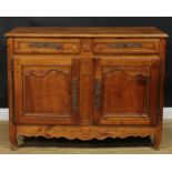 A French cherry enfilade or buffet serving sideboard, rectangular top with moulded edge above a pair