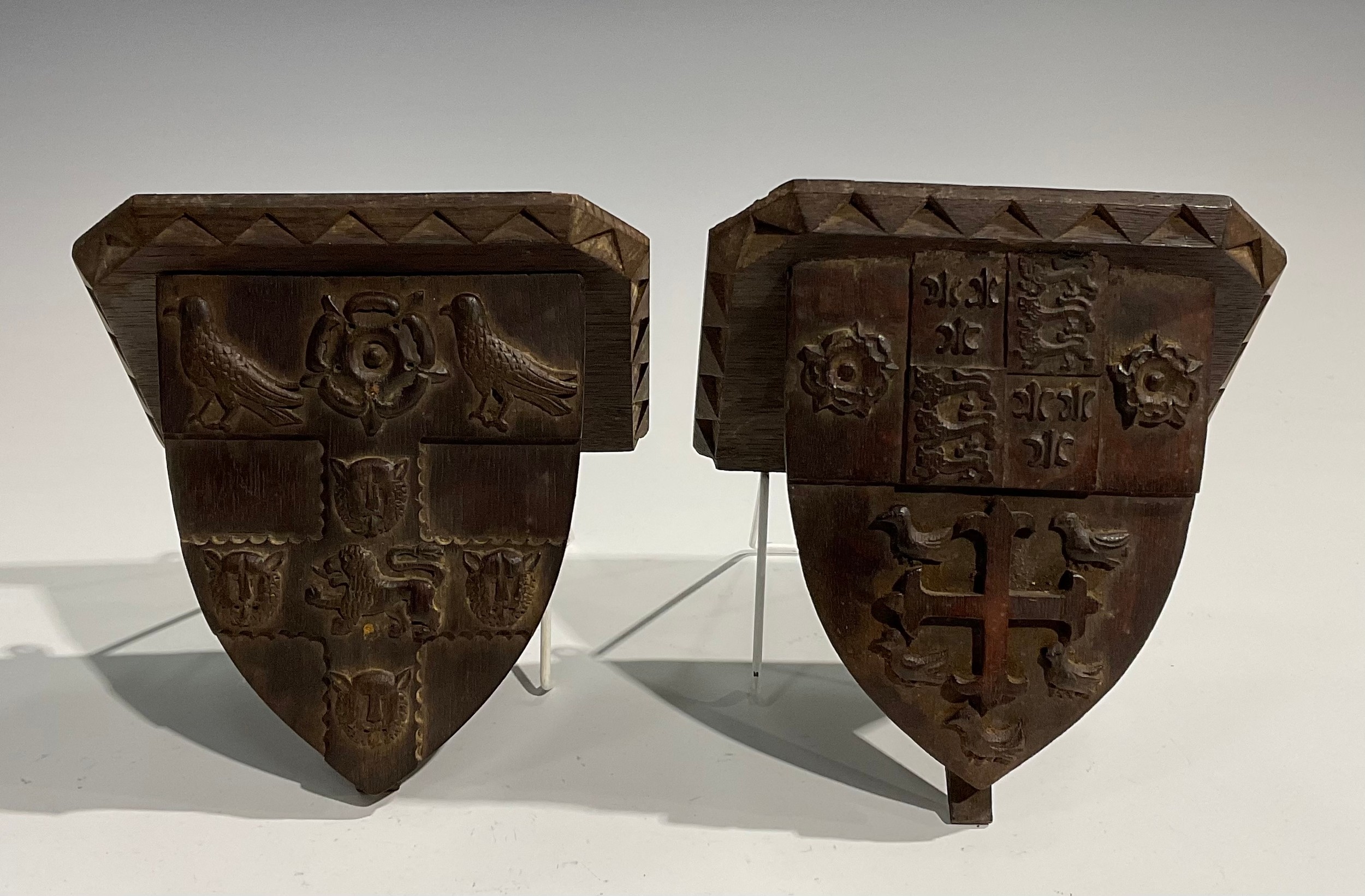 A pair of 19th century Gothic Revival oak armorial wall brackets, carved with the coats of arms of - Image 2 of 9