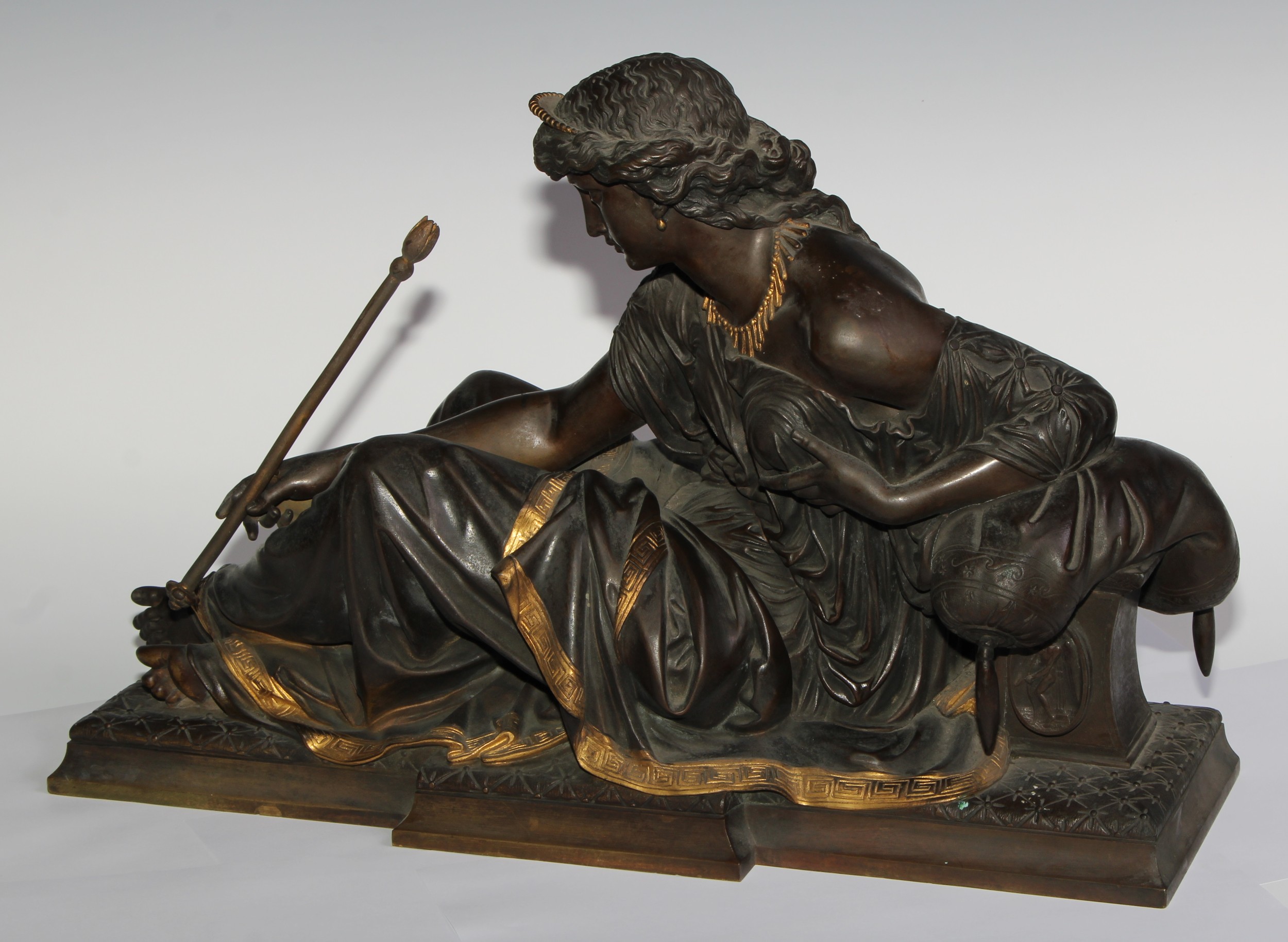 French School (19th century), a dark patinated and parcel-gilt bronze, of Diana, 48cm wide - Image 4 of 5