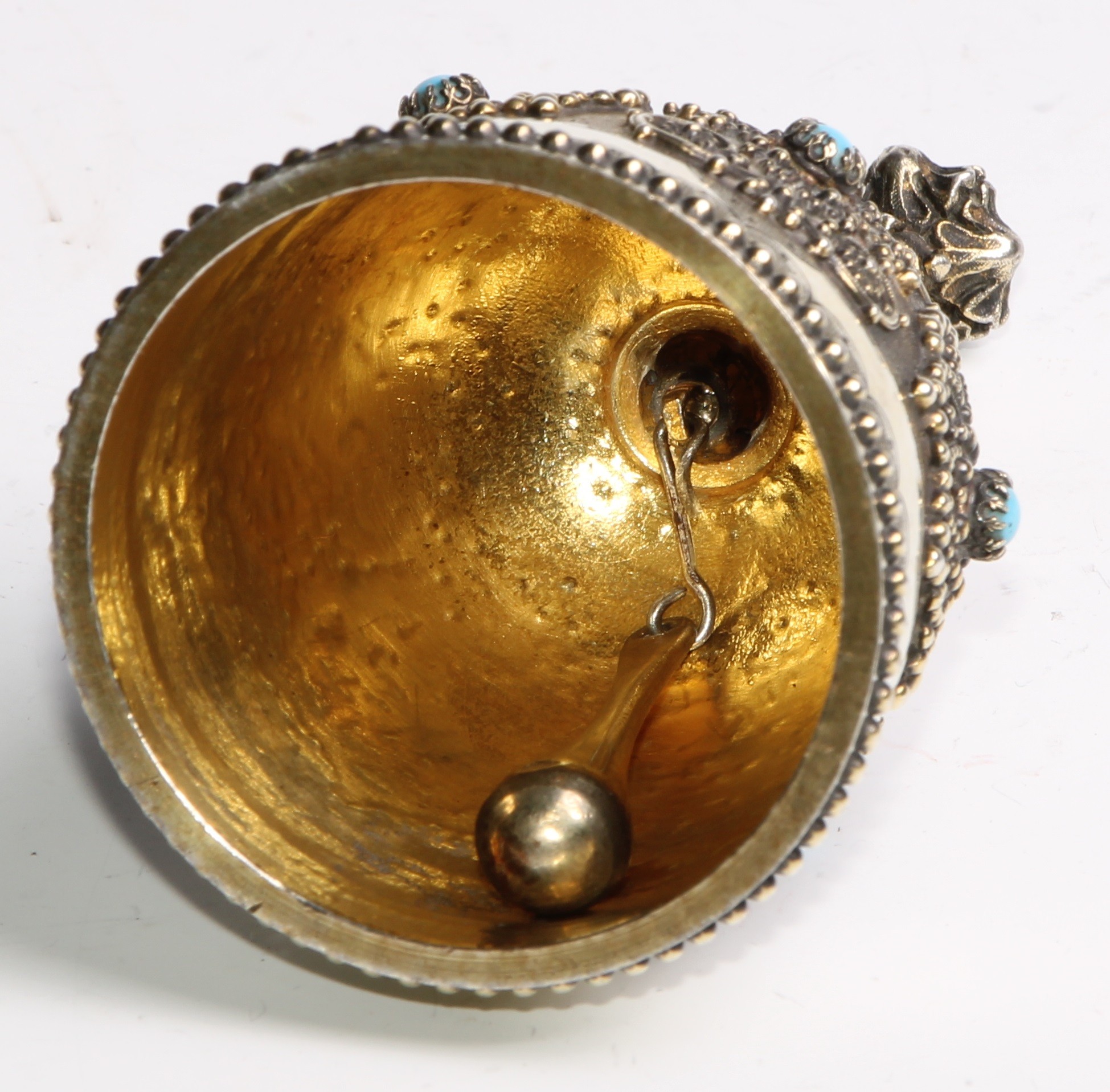 A 19th century French Renaissance Revival silver-gilt table bell, applied with medallions and set - Image 4 of 4