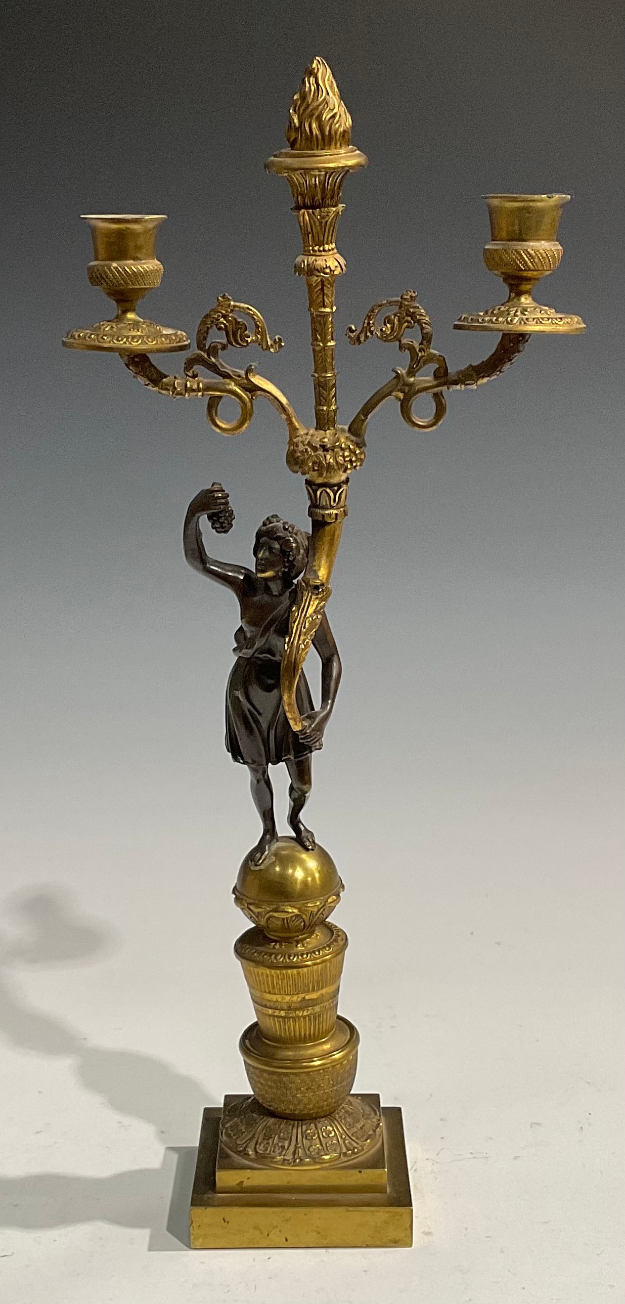 A pair of 19th century French bronze and ormolu figural two-light mantel candelabrum, each Bacchic - Image 6 of 8