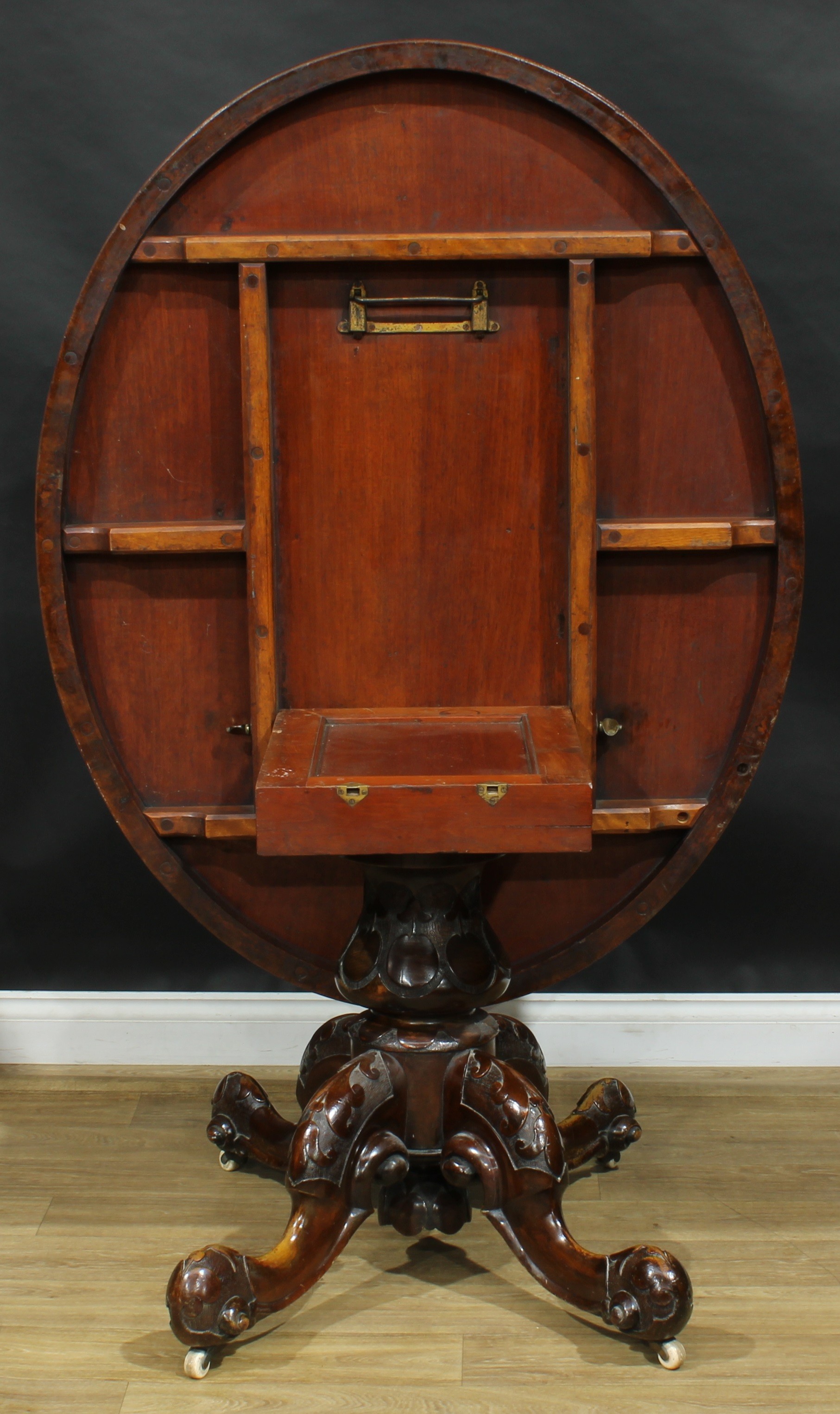 A Victorian walnut centre table, oval tilting top, turned column, cabriole legs, ceramic casters, - Image 4 of 4