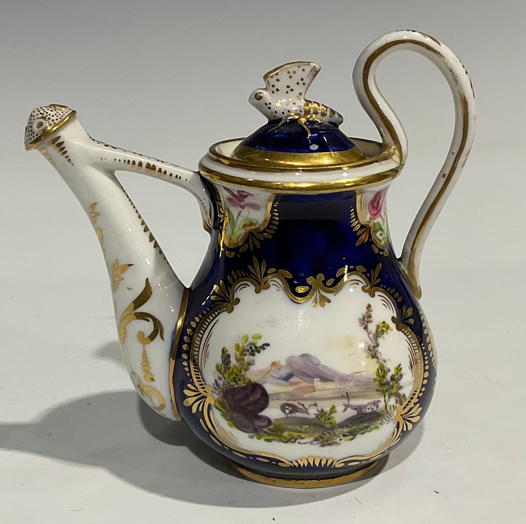 An English porcelain miniature jug and bowl, probably Rockingham, painted with flowers on a green - Image 6 of 12