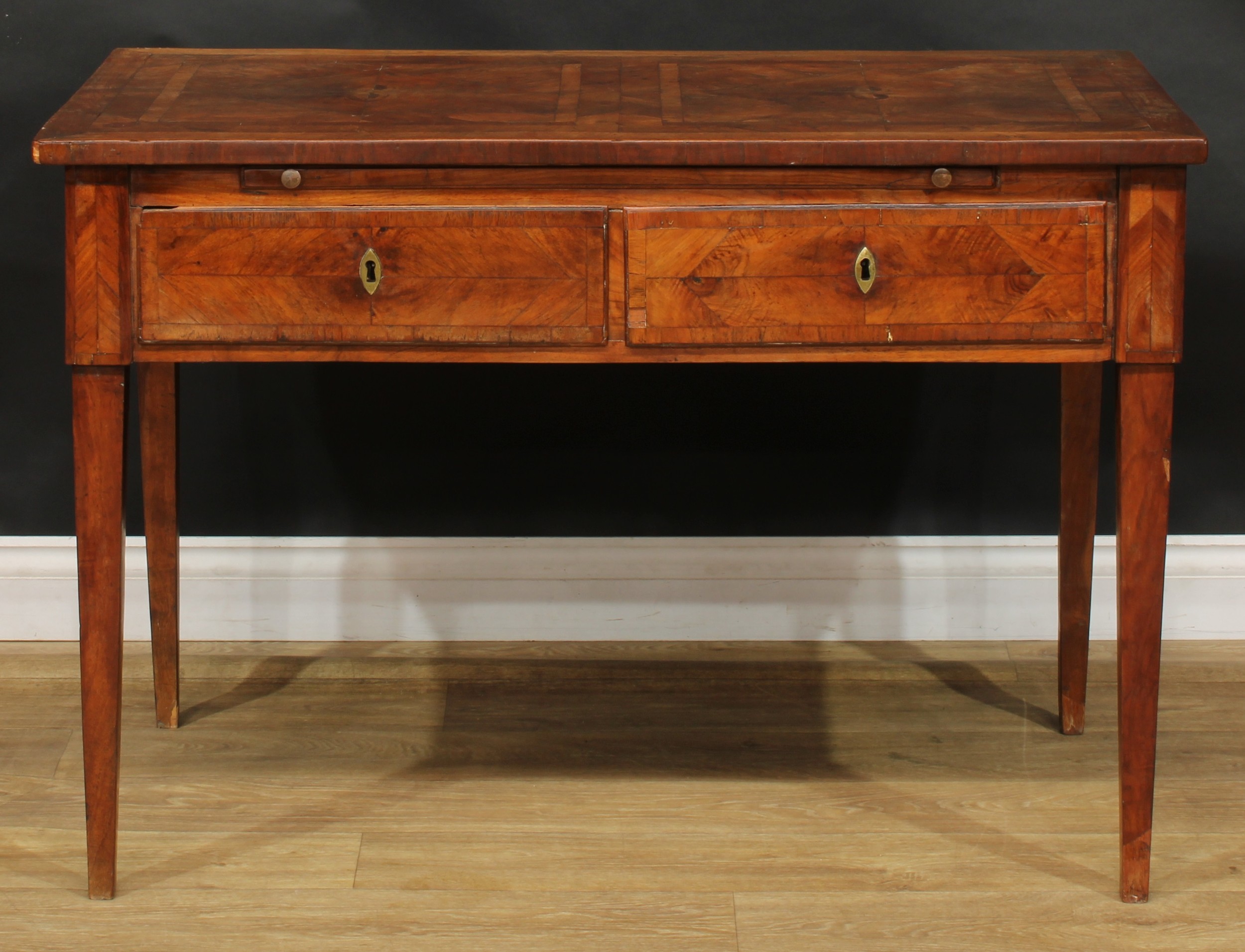 An 18th century French Provincial side table, rectangular top with geometric parquetry veneers, - Image 2 of 7