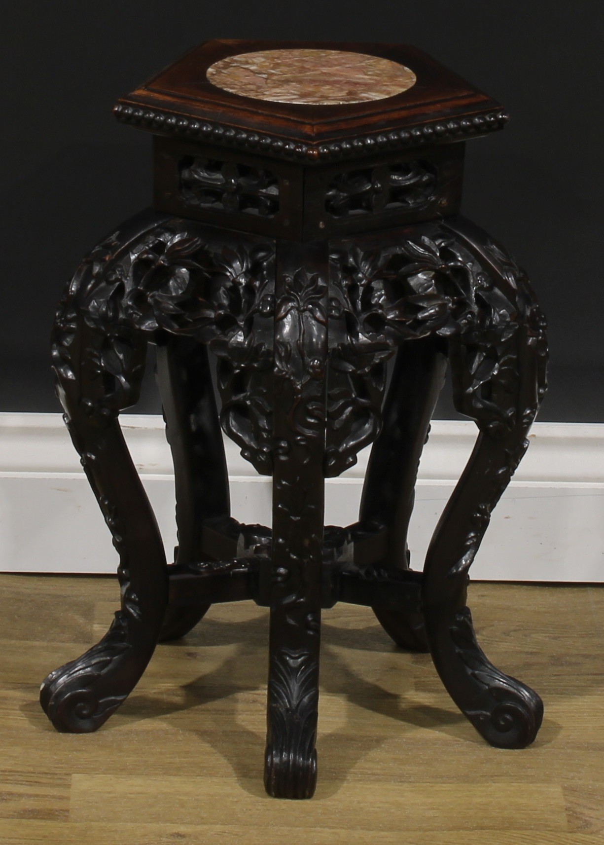 A Chinese hardwood jardiniere stand, pentagonal top with beaded border and inset marble panel, - Image 3 of 5