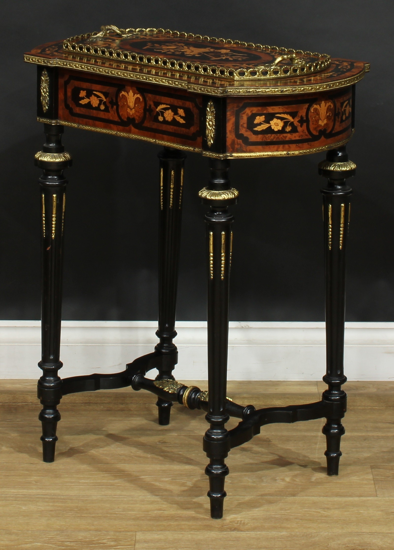 A 19th century gilt metal mounted amboyna, ebonised and marquetry jardiniere table, removable - Image 3 of 6