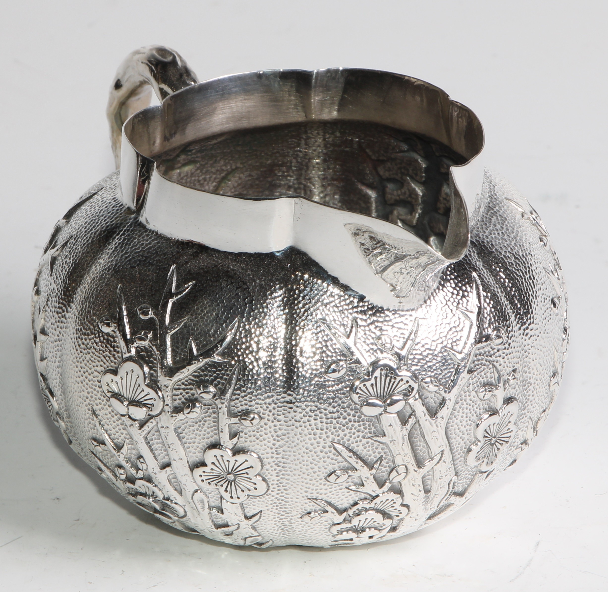 A Chinese silver three piece melon shaped tea service, comprising teapot, milk jug and sucrier, - Image 9 of 14