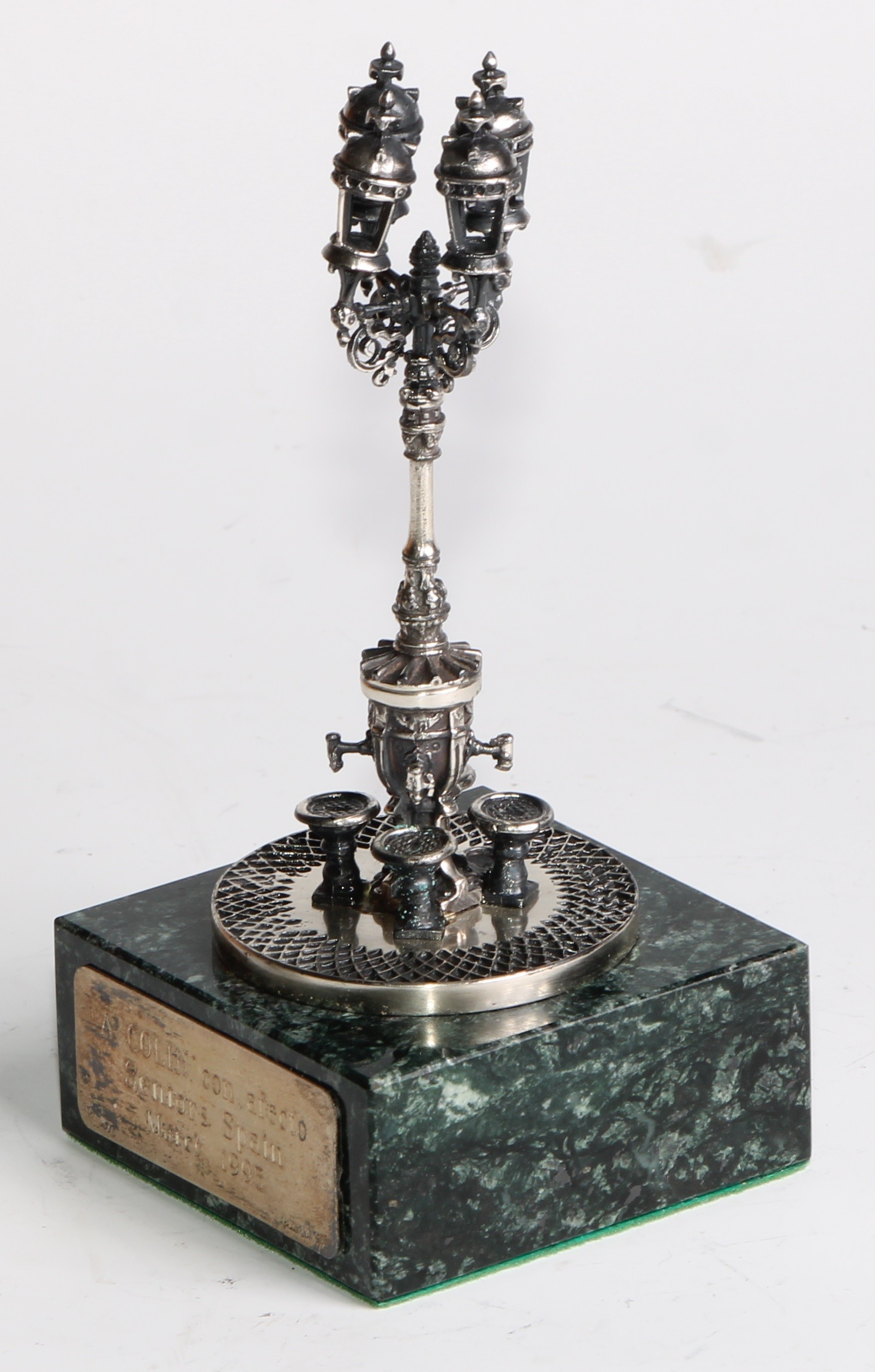 A Spanish silver model of the Font de Canaletes, Barcelona, green marble base, 13cm high, - Image 5 of 6