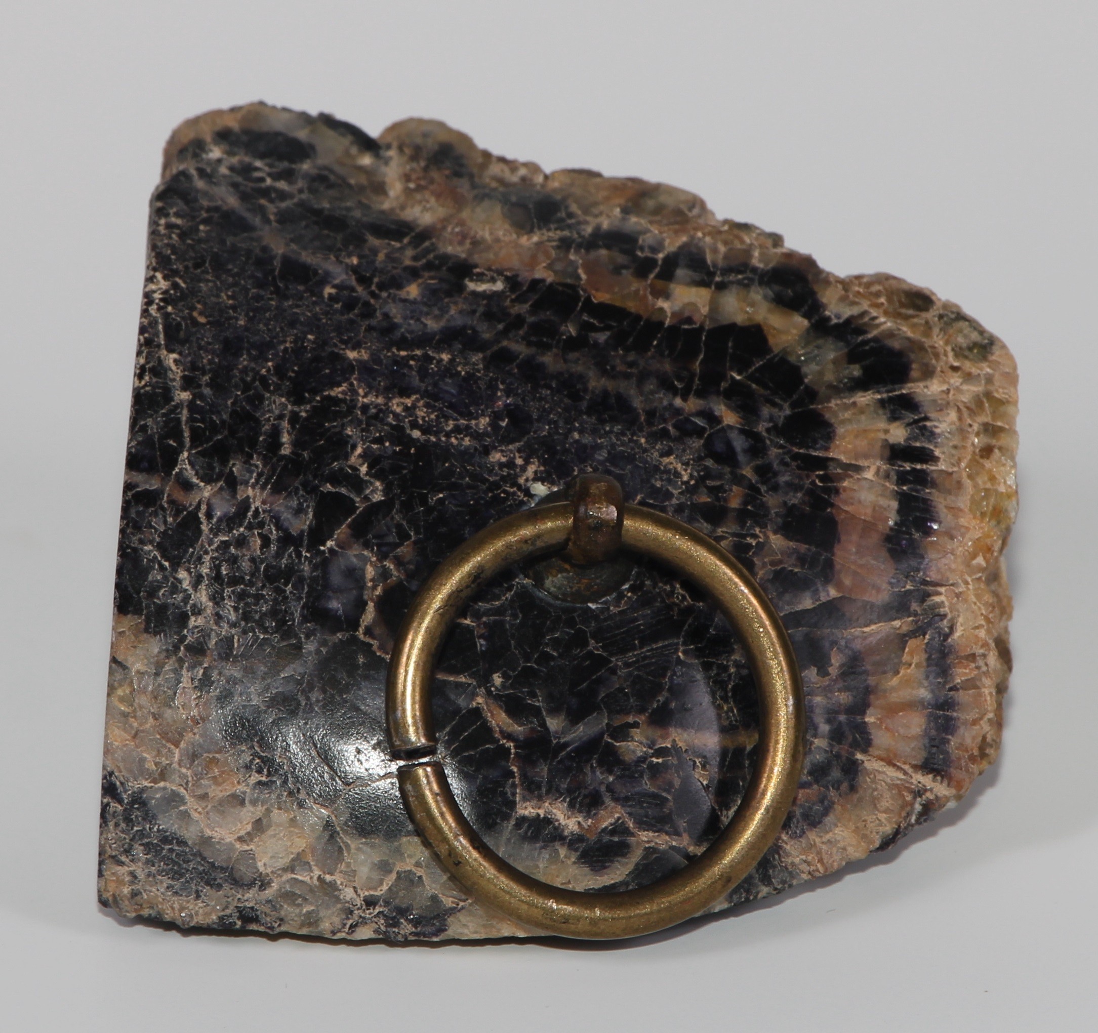 A 19th century Derbyshire Blue John desk weight, brass ring handle, 7cm wide; a specimen, mounted - Image 5 of 7