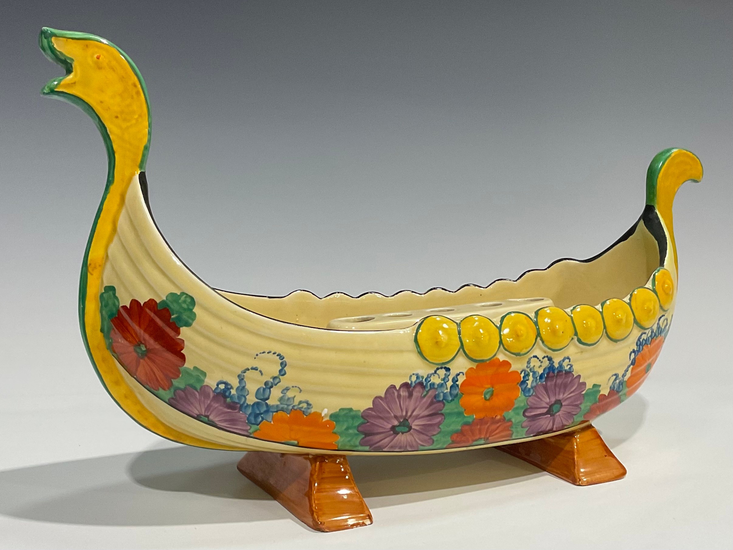 A Clarice Cliff Bizarre Gayday pattern table centre, modelled as a Viking long boat, with - Image 3 of 6