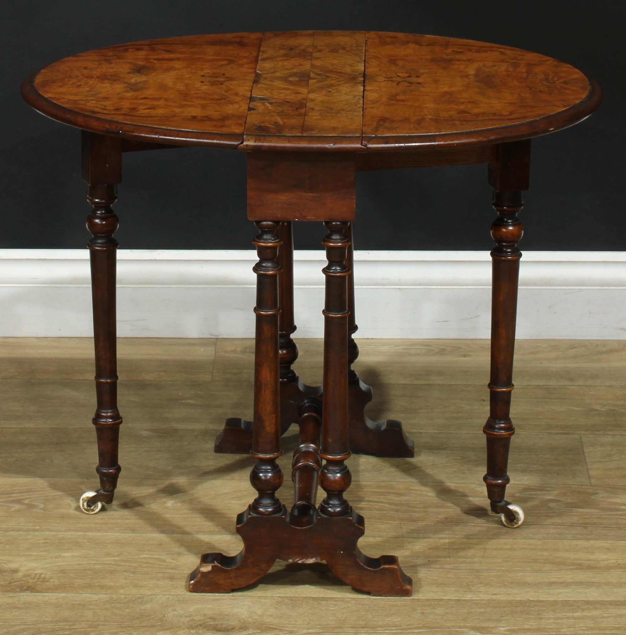 A Victorian walnut Sutherland table, of small proportions, oval top with fall leaves, turned - Image 2 of 5