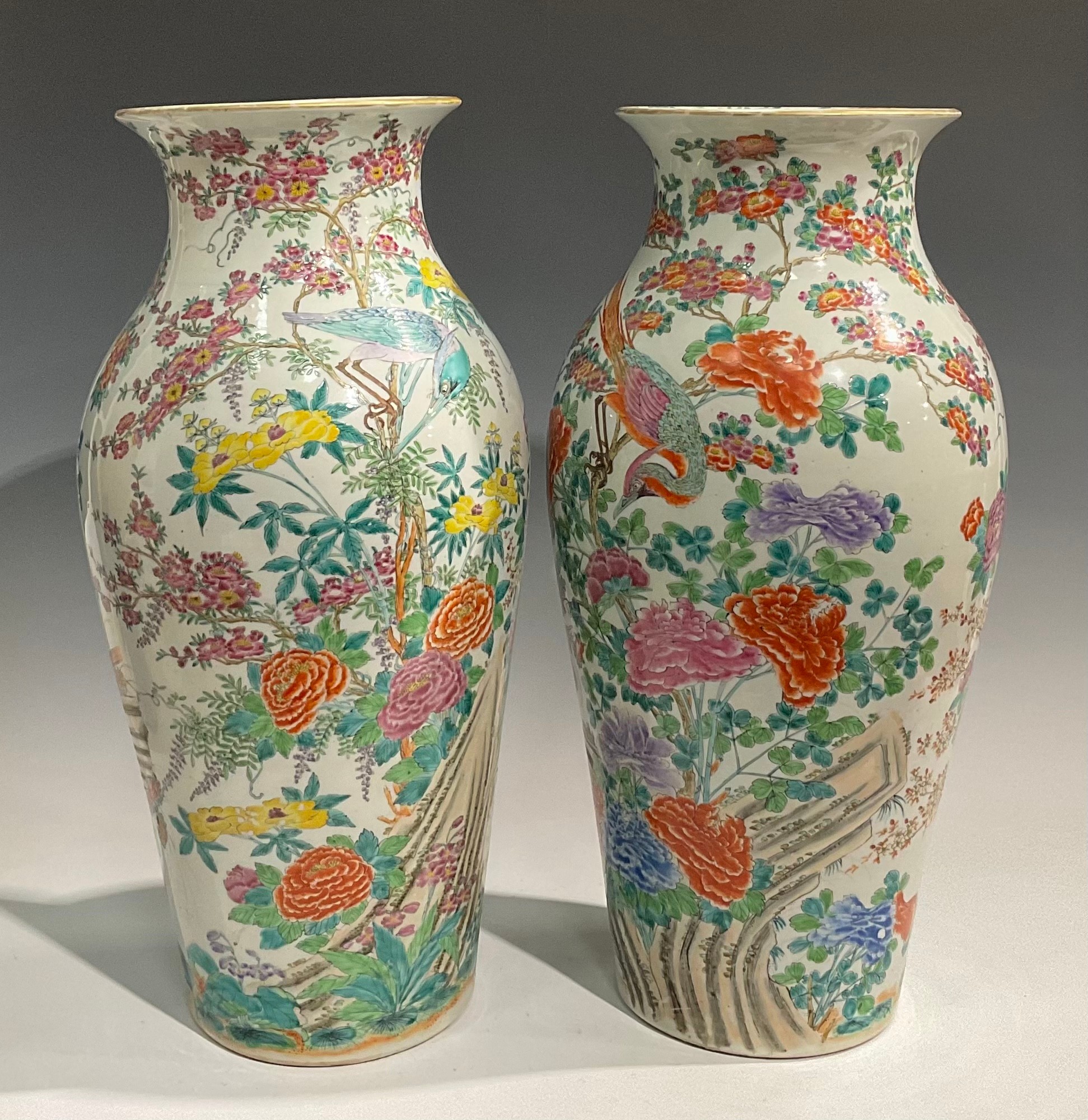 A pair of large Japanese inverted baluster vases, decorated in the Chinese manner with exotic - Image 2 of 10