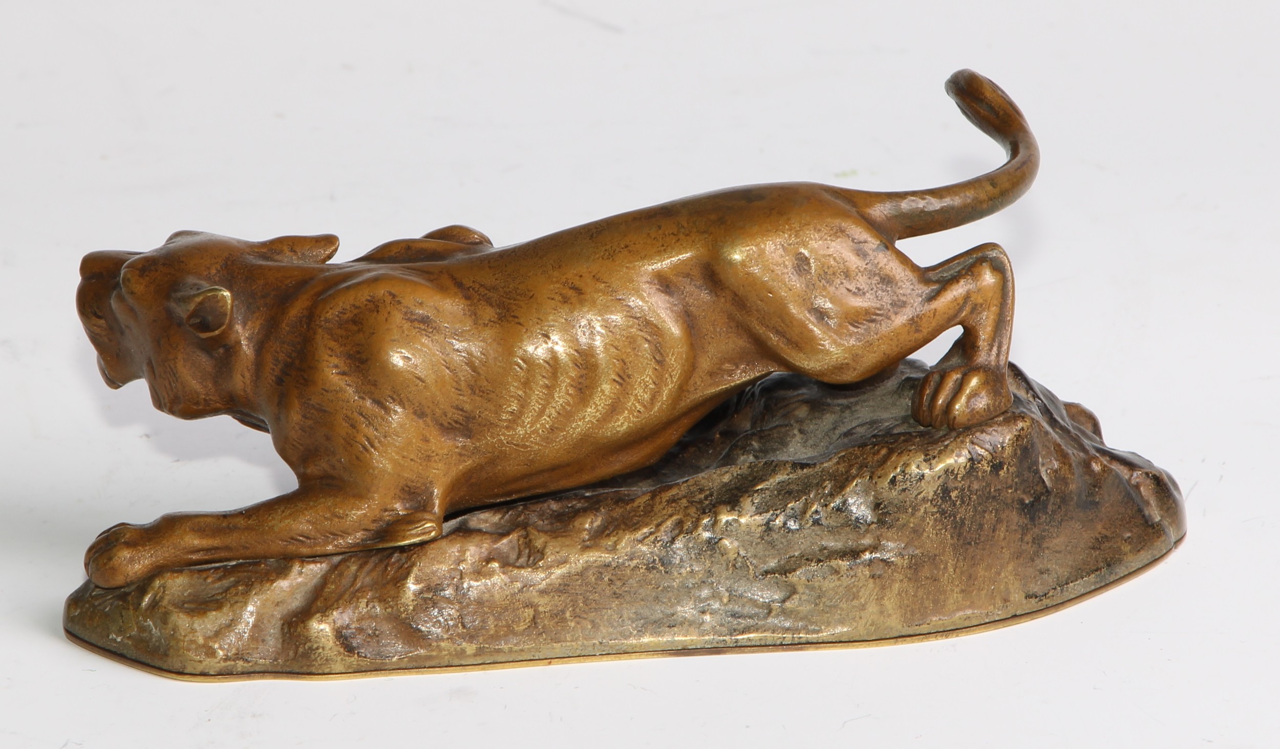 Continental School (early 20th century), a patinated bronze, of a mountain lion, stalking a rocky - Image 4 of 5