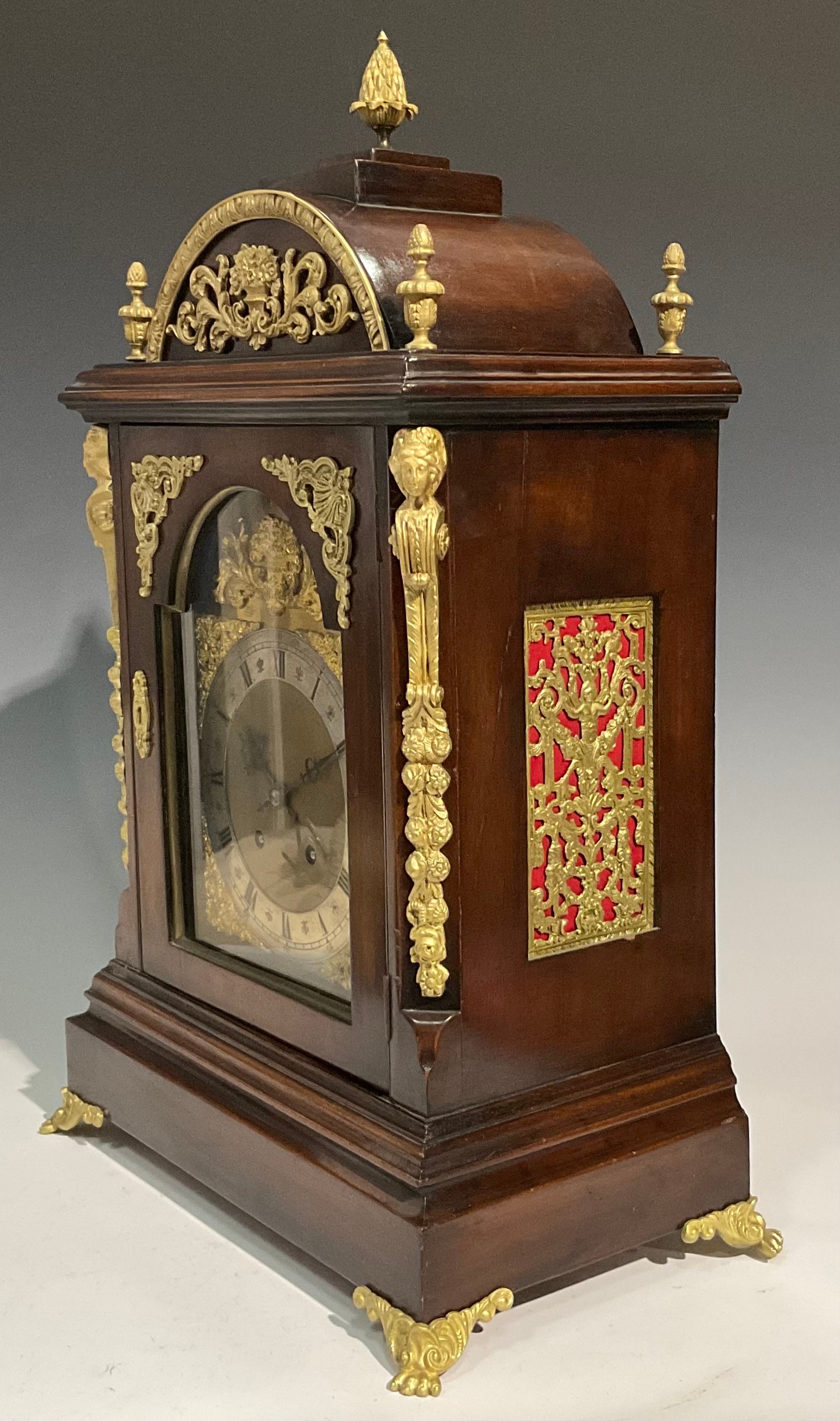 A George II style gilt metal mounted mahogany bracket clock, 18.5cm arched brass dial with - Image 4 of 7