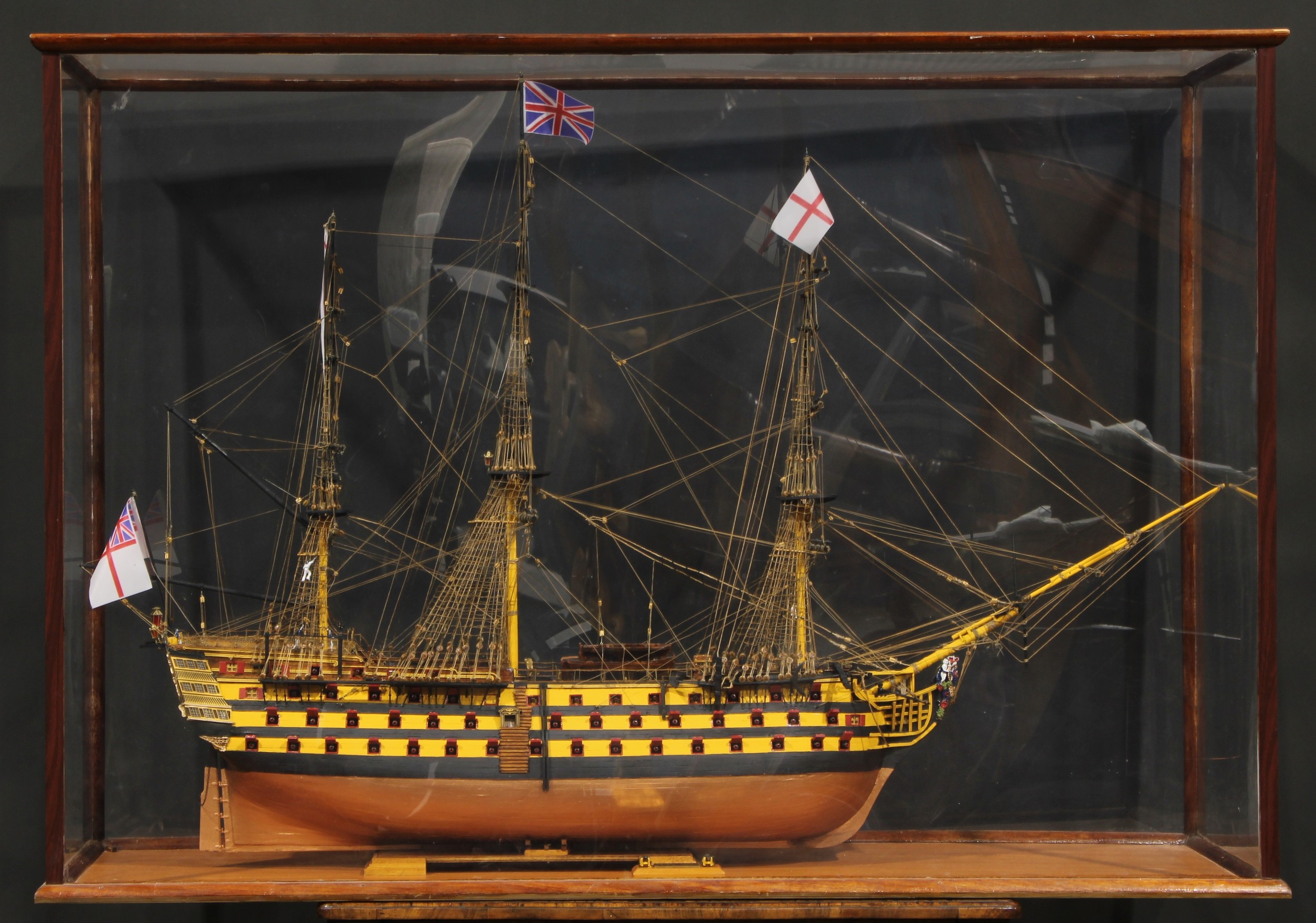 A large scratch-built maritime ship model, HMS Victory, cased, 93cm high, 135cm wide, 50cm deep