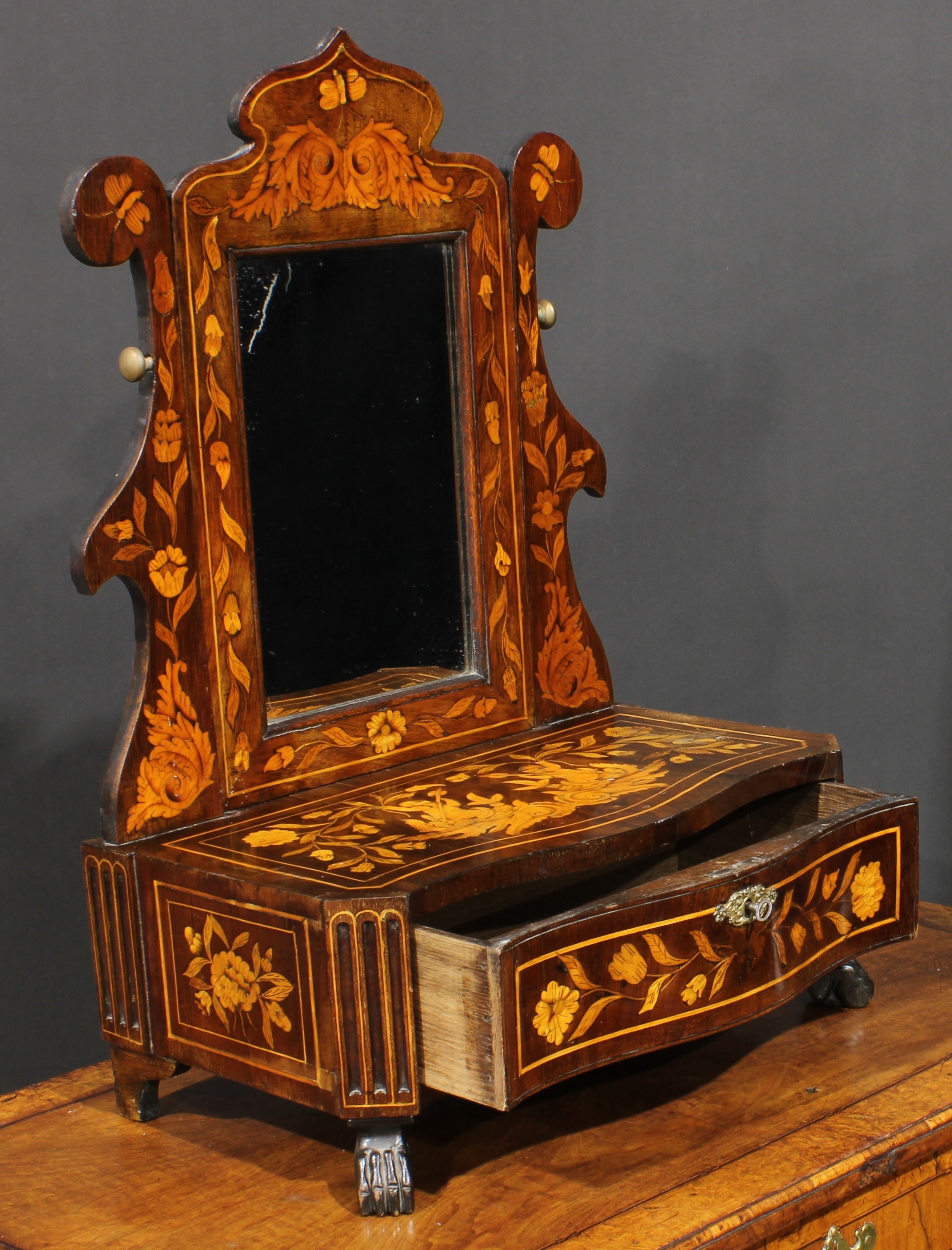 A 19th century Dutch marquetry dressing mirror, serpentine-front base with a long drawer, paw - Image 2 of 2