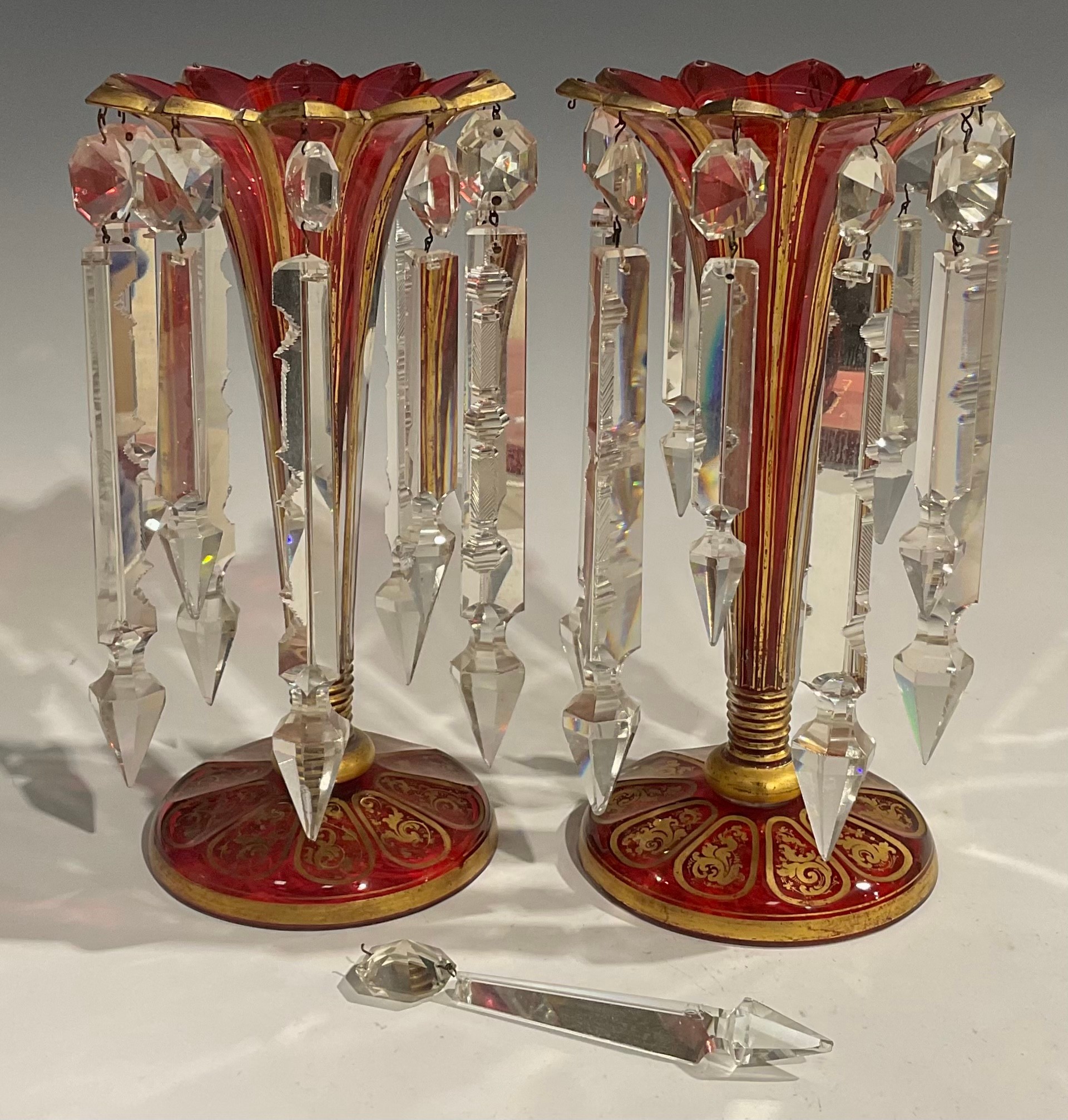 A pair of 19th century Bohemian ruby flashed and gilt table lustres, of trumpet form with shaped cut - Image 2 of 4