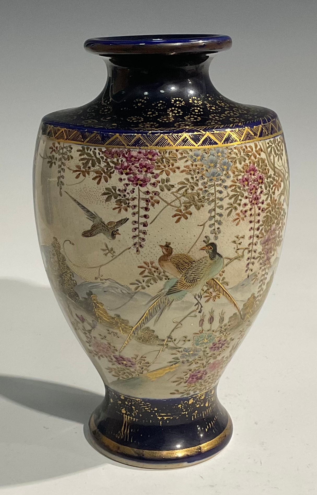 A pair of Japanese satsuma baluster vases, decorated with traditional landscape and bird panels, - Image 5 of 12