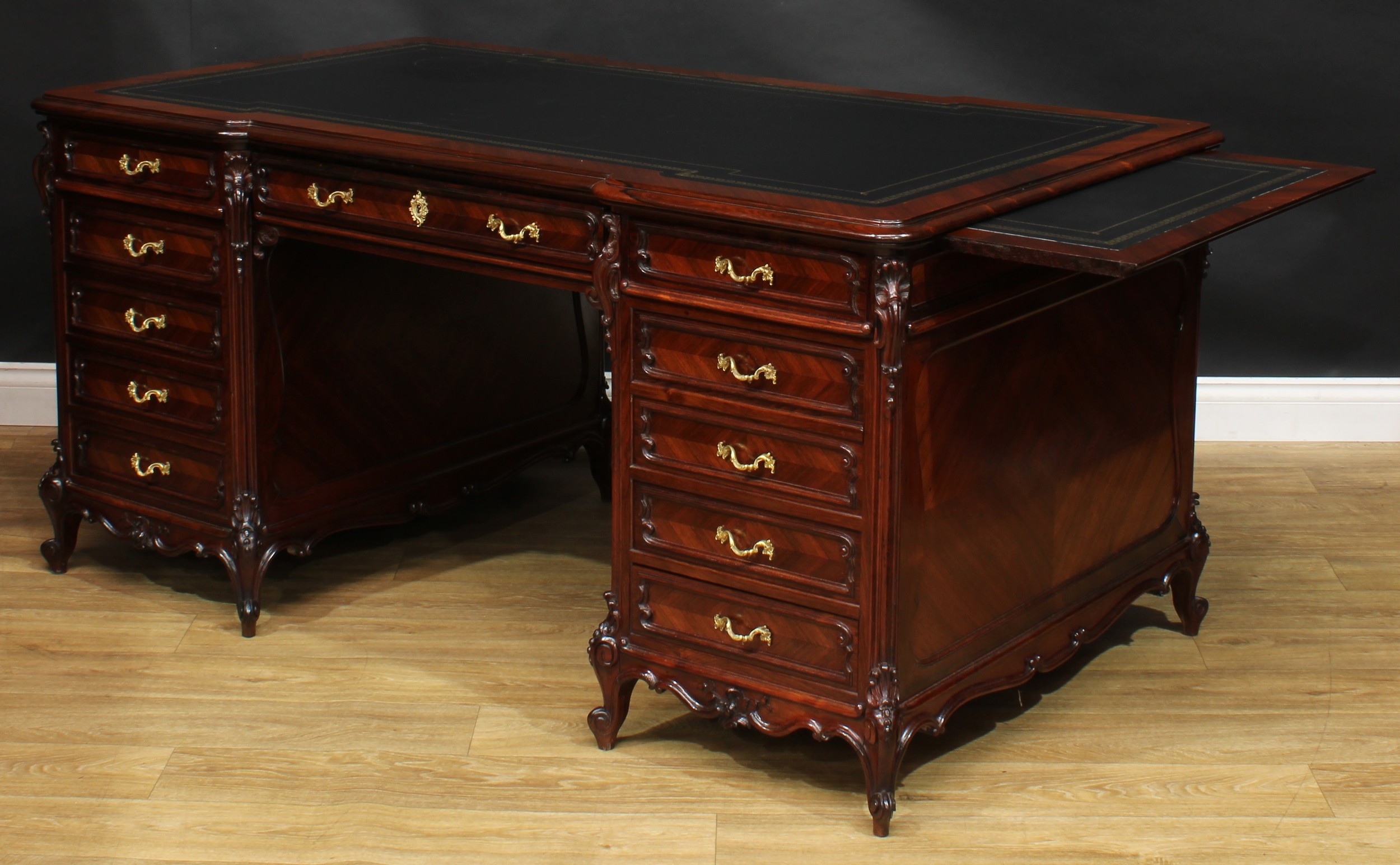 A late 19th century French rosewood and kingwood twin pedestal desk, inverted break-centre top - Image 6 of 7