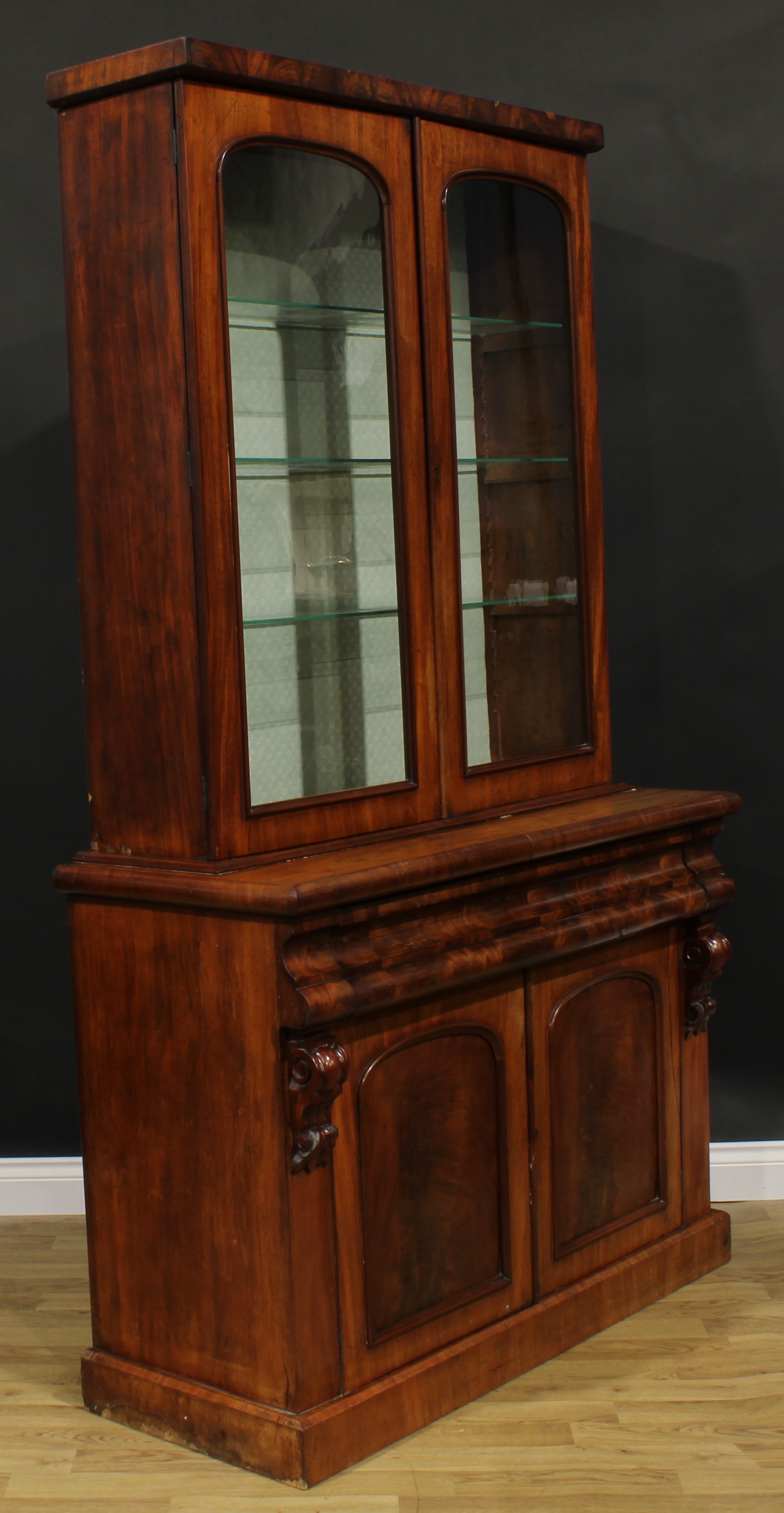 A Victorian mahogany library bookcase, rectangular cornice above a pair of arched glazed doors, - Image 3 of 3