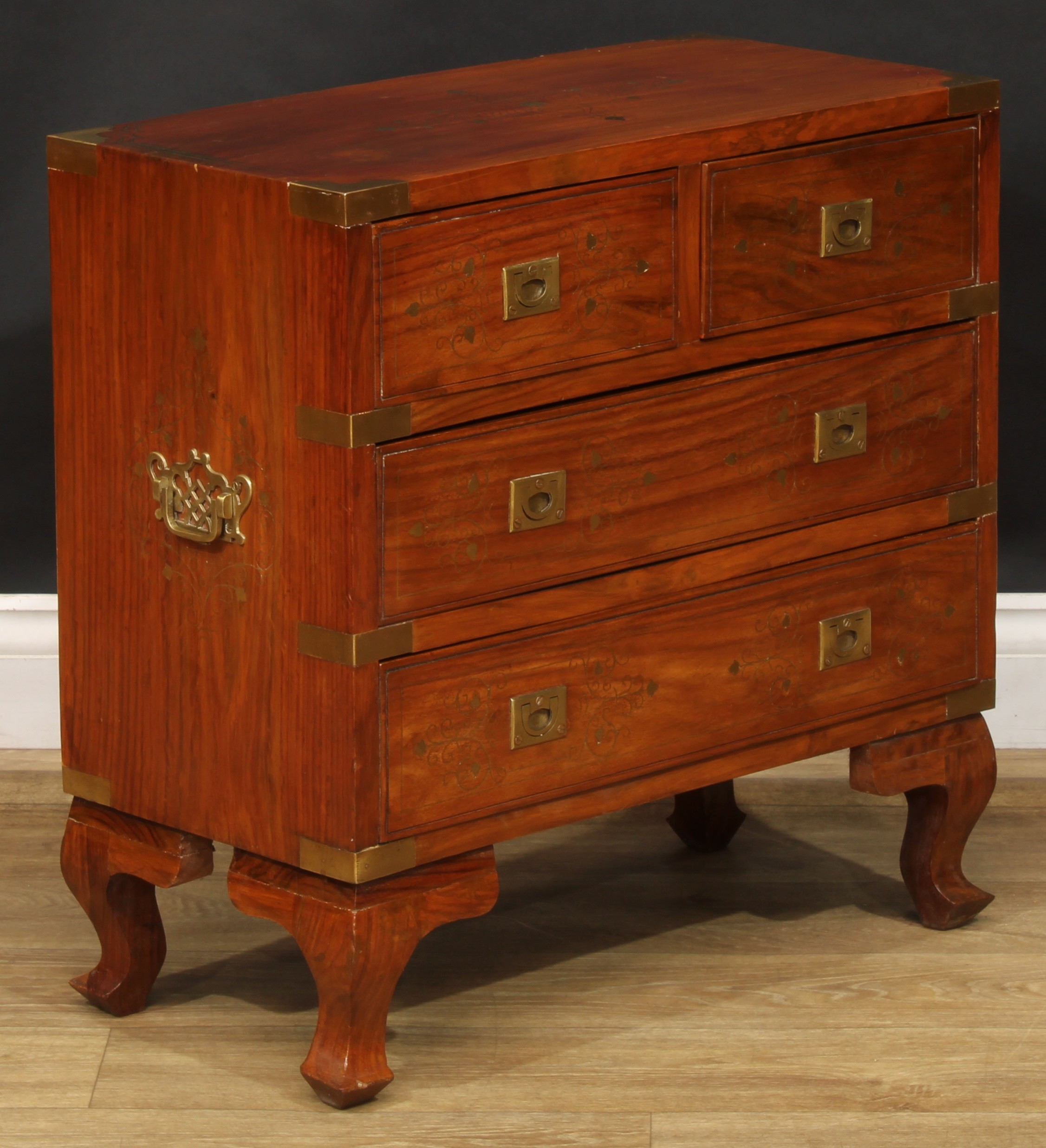 An Anglo-Indian design hardwood and brass marquetry chest, in the campaign manner and of small and - Image 2 of 5