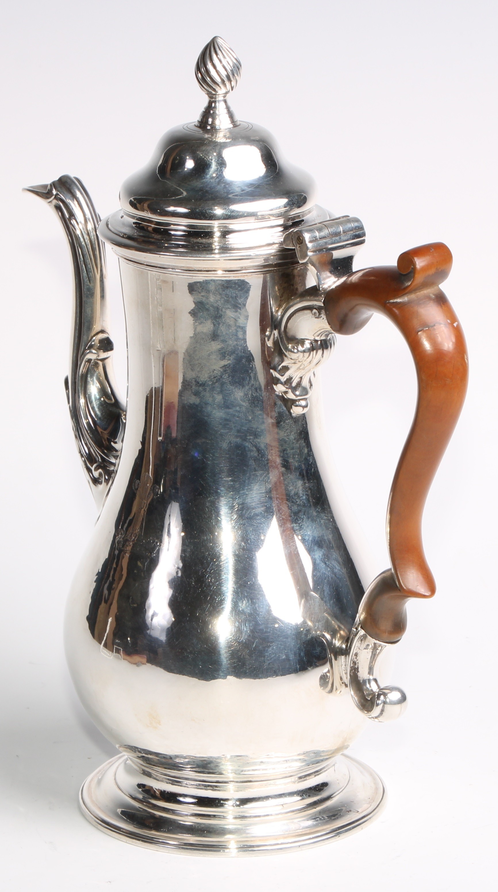 An early George III silver baluster pedestal coffee pot, hinged domed cover with spiral knop finial, - Image 5 of 7
