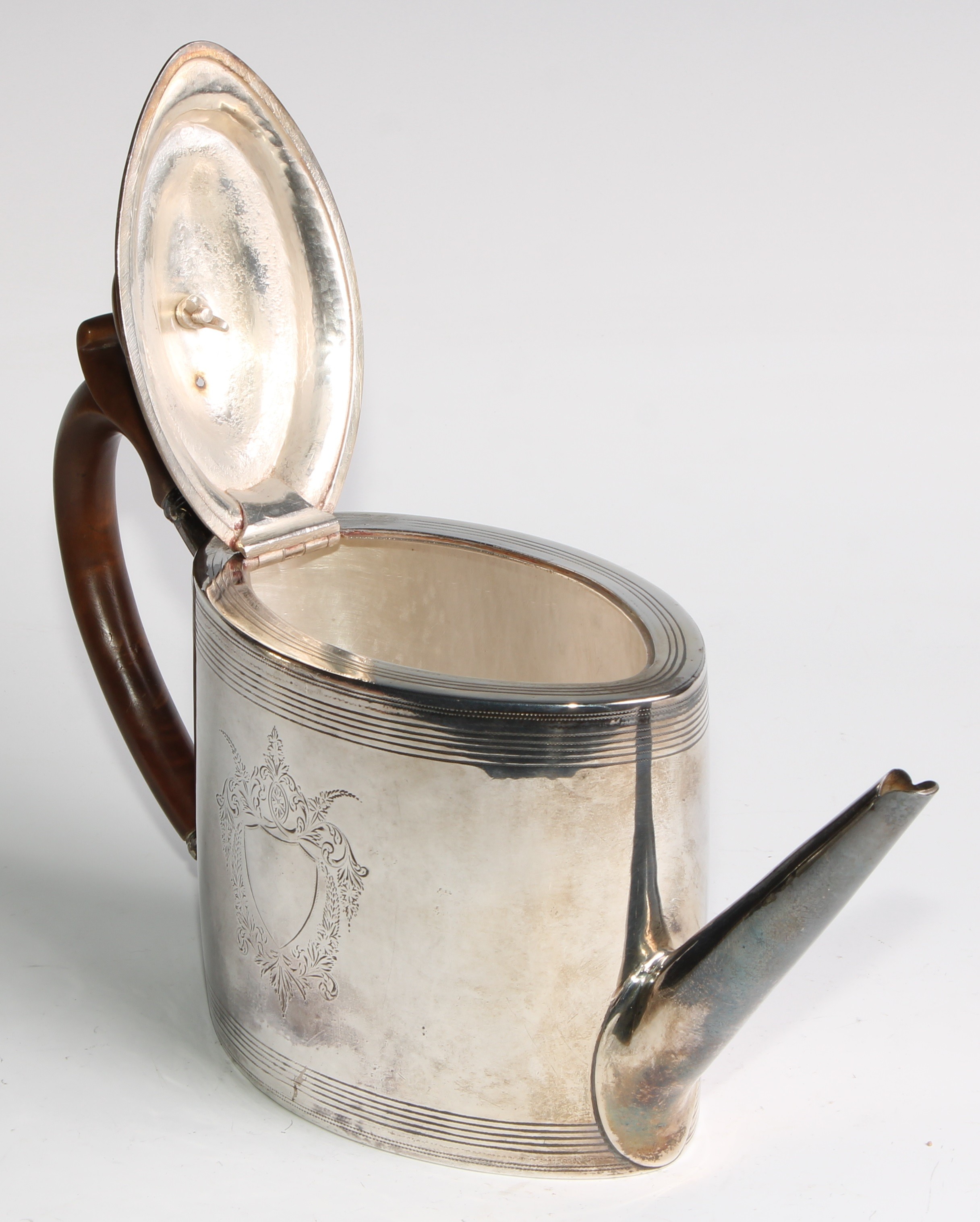 A George III silver oval drum shaped teapot, bright-cut and wrigglework engraved with bands and - Image 6 of 10