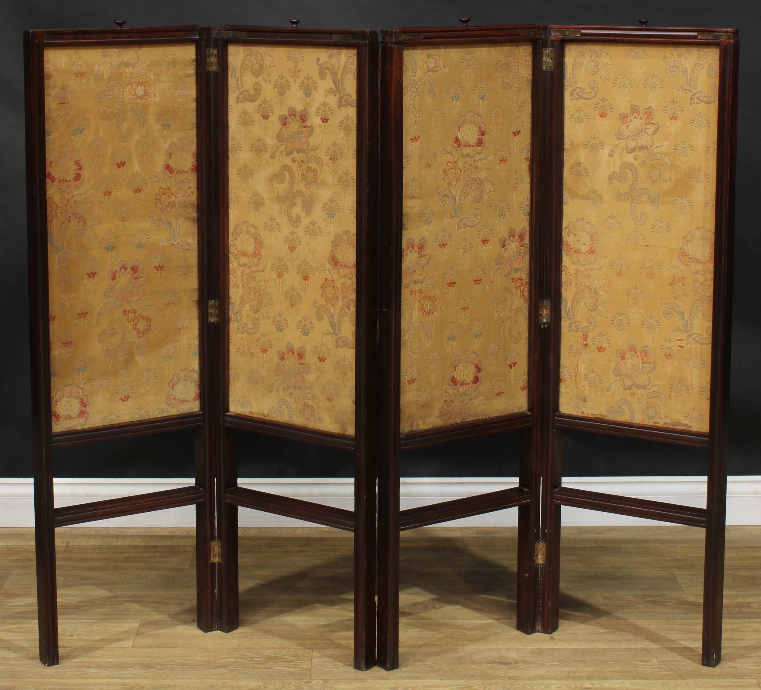 A 19th century mahogany four-fold screen, pull-up banners, 124cm high, each panel 38cm wide - Image 3 of 3