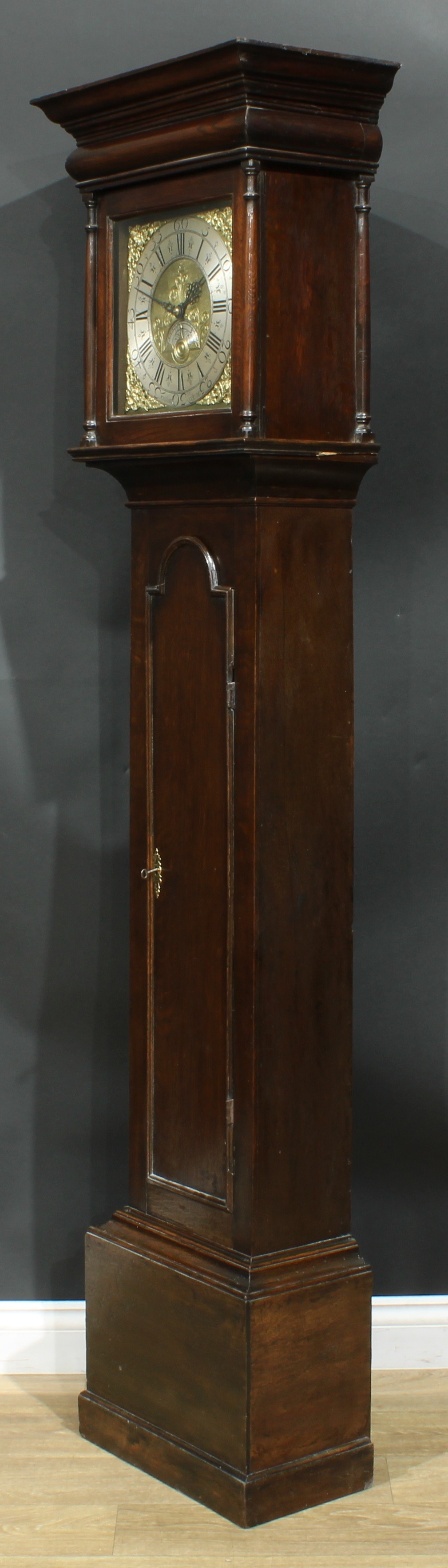 A George I/II oak Derbyshire longcase clock, 27cm square brass dial with silvered chapter ring - Image 3 of 6