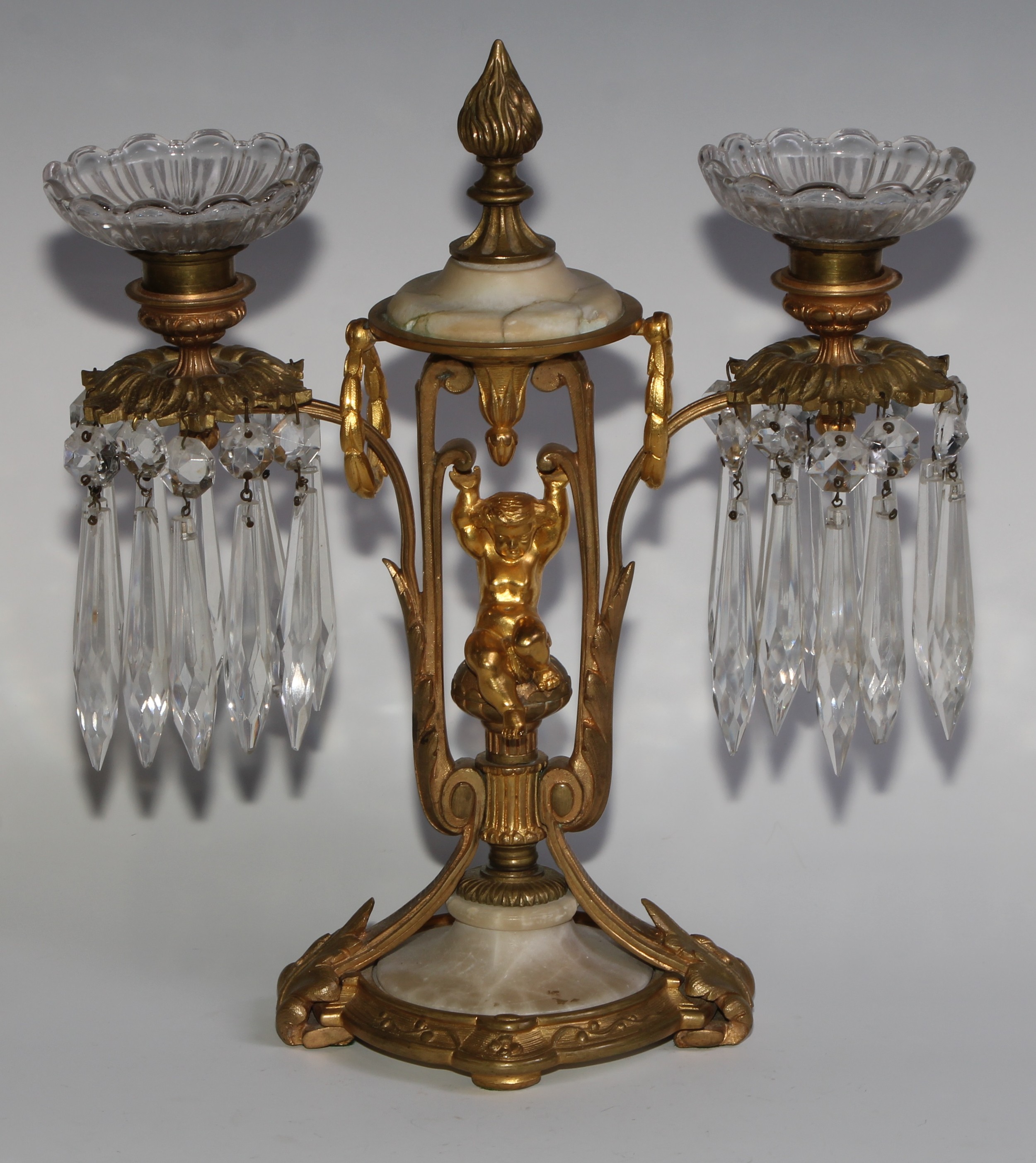A pair of 19th century French gilt metal and alabaster two-light mantel candle lustres, each centred - Image 3 of 10