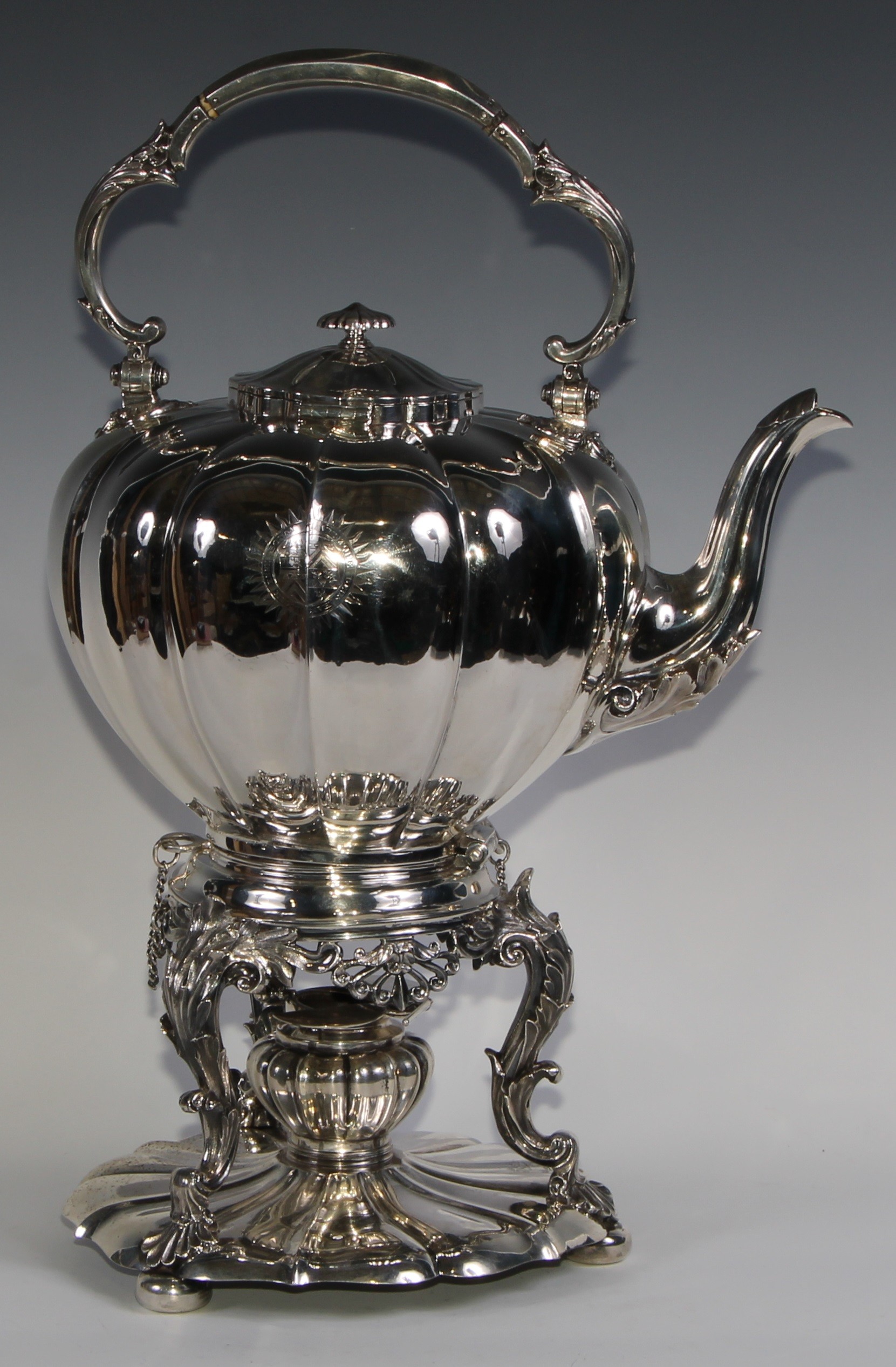 A large early Victorian Rococo Revival silver melon shaped tea kettle, stand and burner, swing - Image 2 of 8