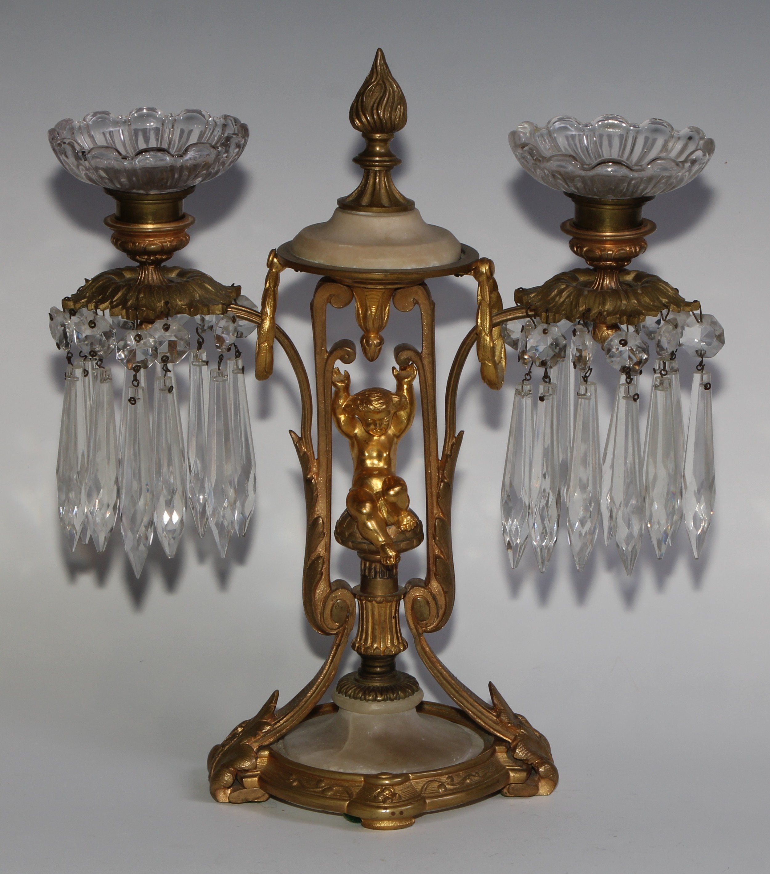A pair of 19th century French gilt metal and alabaster two-light mantel candle lustres, each centred - Image 7 of 10