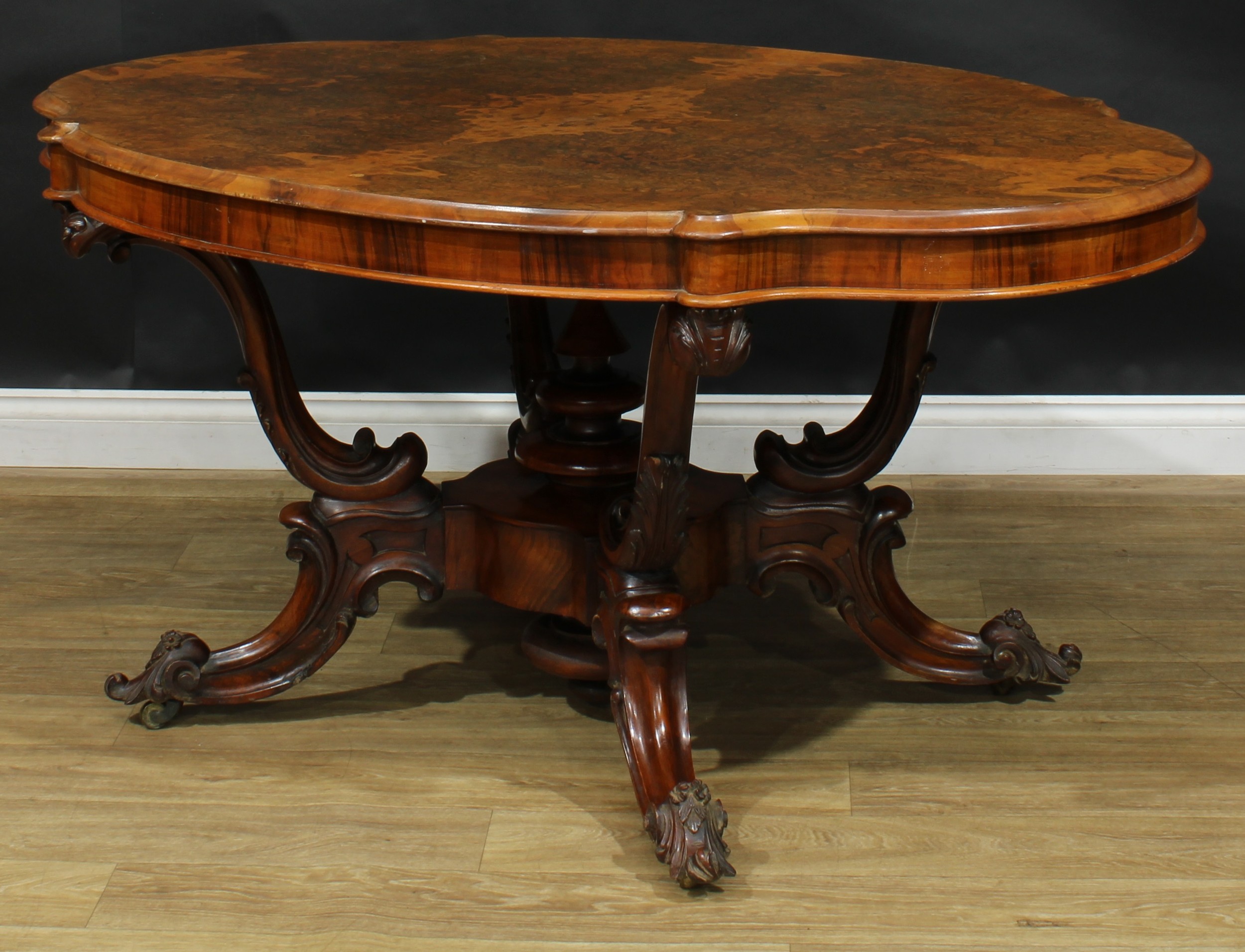 A Victorian walnut basket-base centre table, quarter-veneered burr top with moulded edge, S-scroll - Image 4 of 5