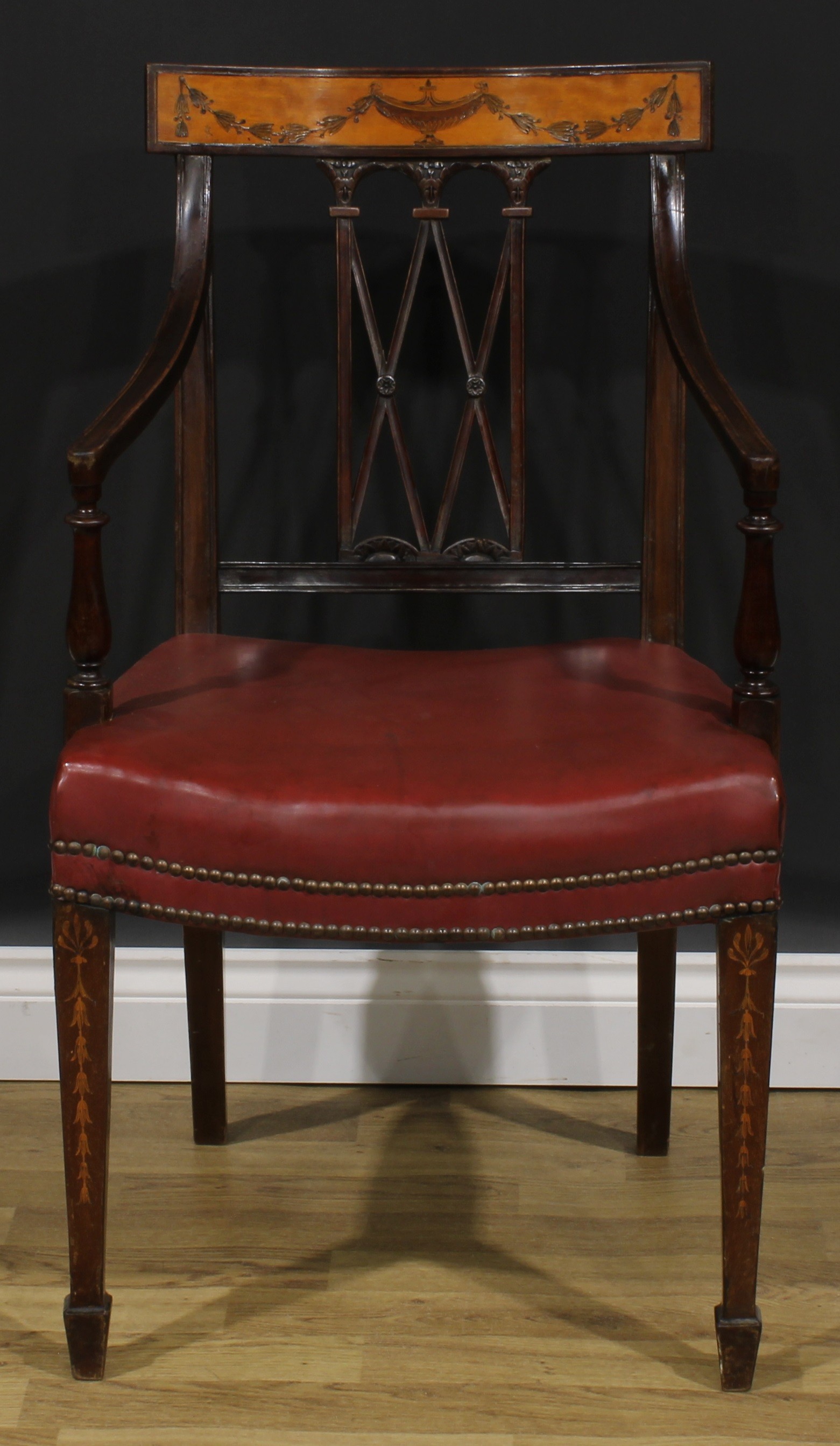 A pair of Sheraton Revival mahogany and marquetry elbow chairs, each cresting rail inlaid with an - Image 6 of 9