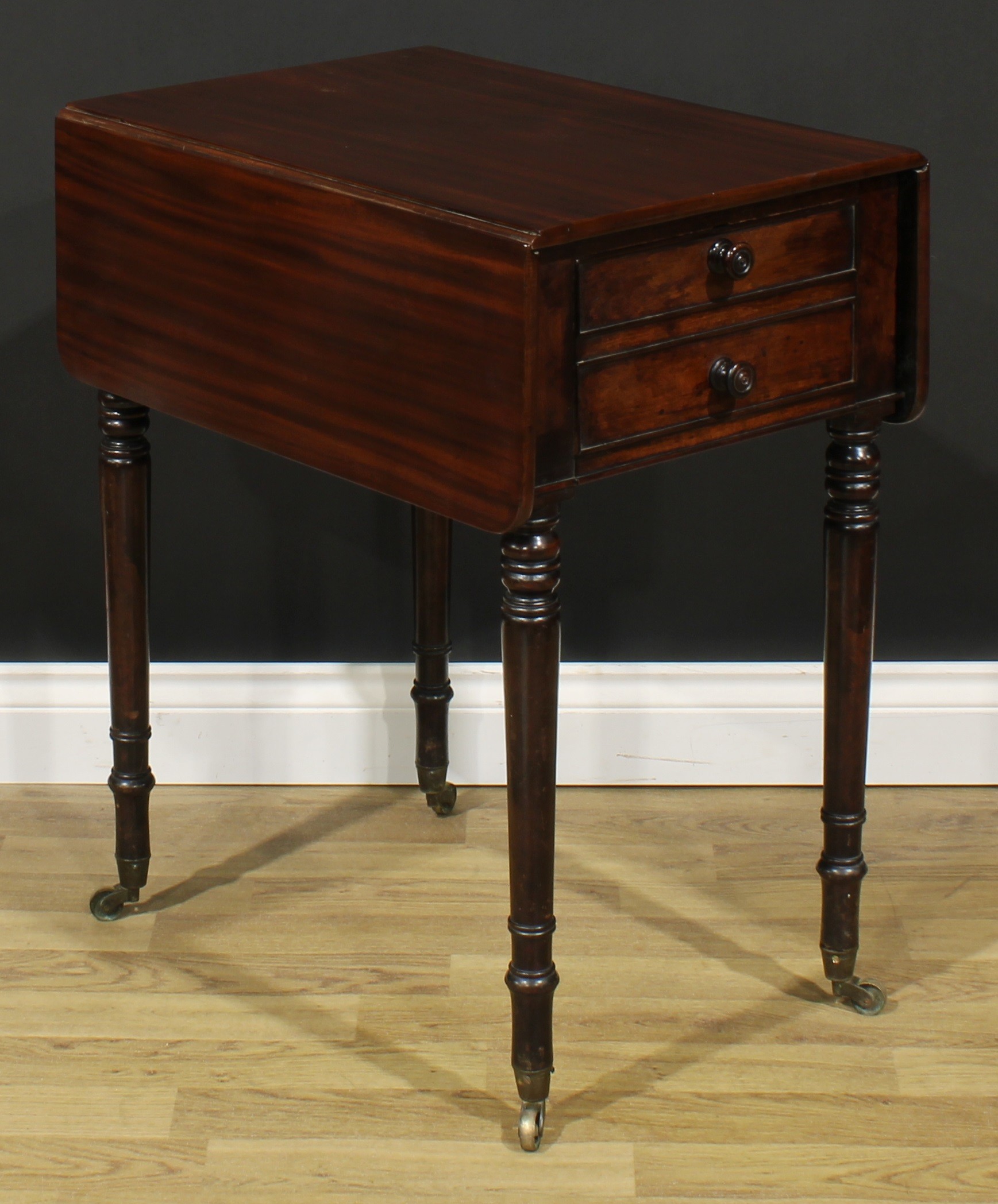 A George IV mahogany Pembroke occasional table, rounded rectangular top with fall leaves above a - Image 4 of 7